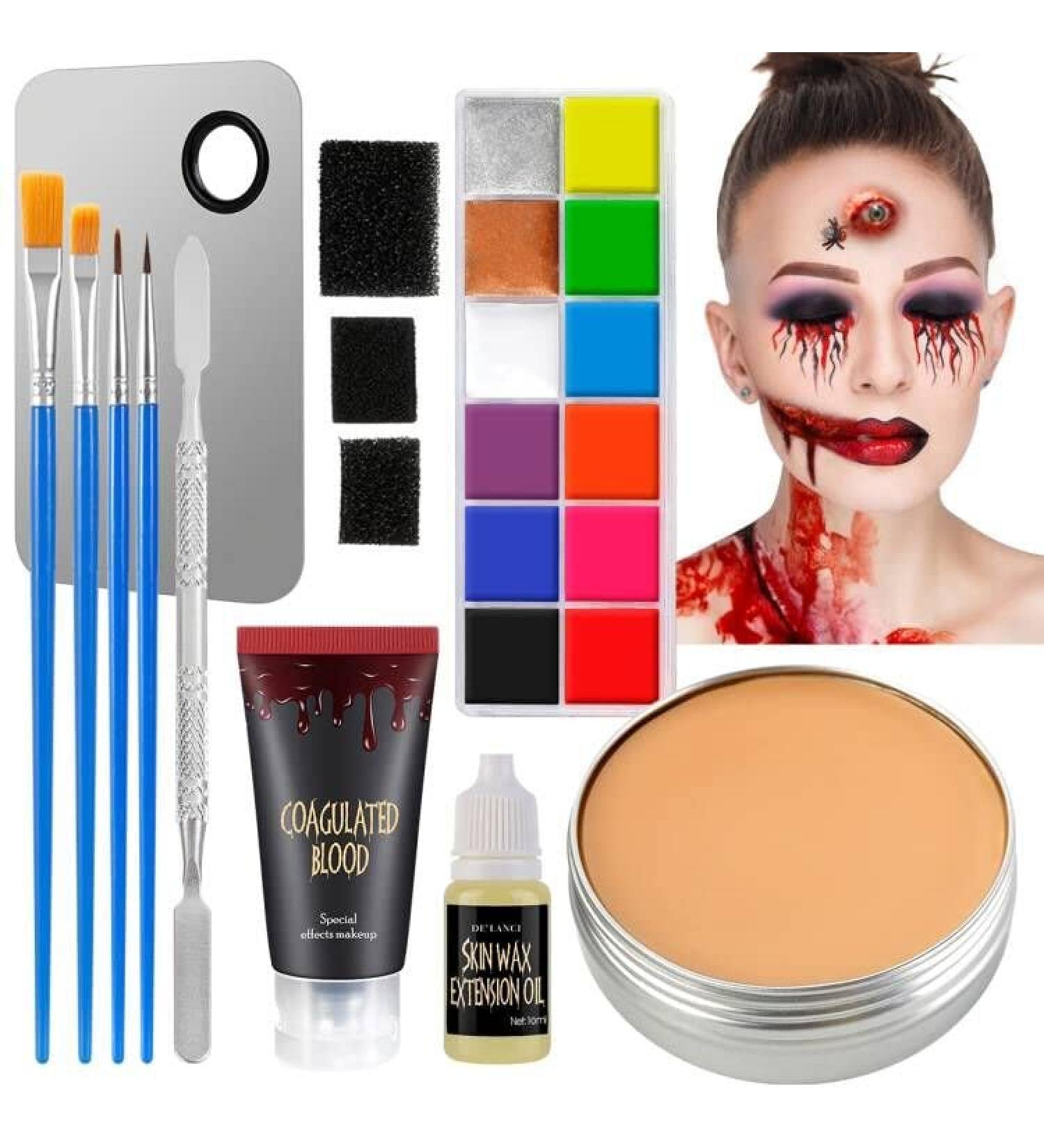 DELANCI SFX Makeup Kit - Professional Halloween Special Effects Supplies with Scar Wax, Coagulated Blood, Brushes, Paint, Sponges, Spatula - 14pcs - Buy Online on SooperMarket.com