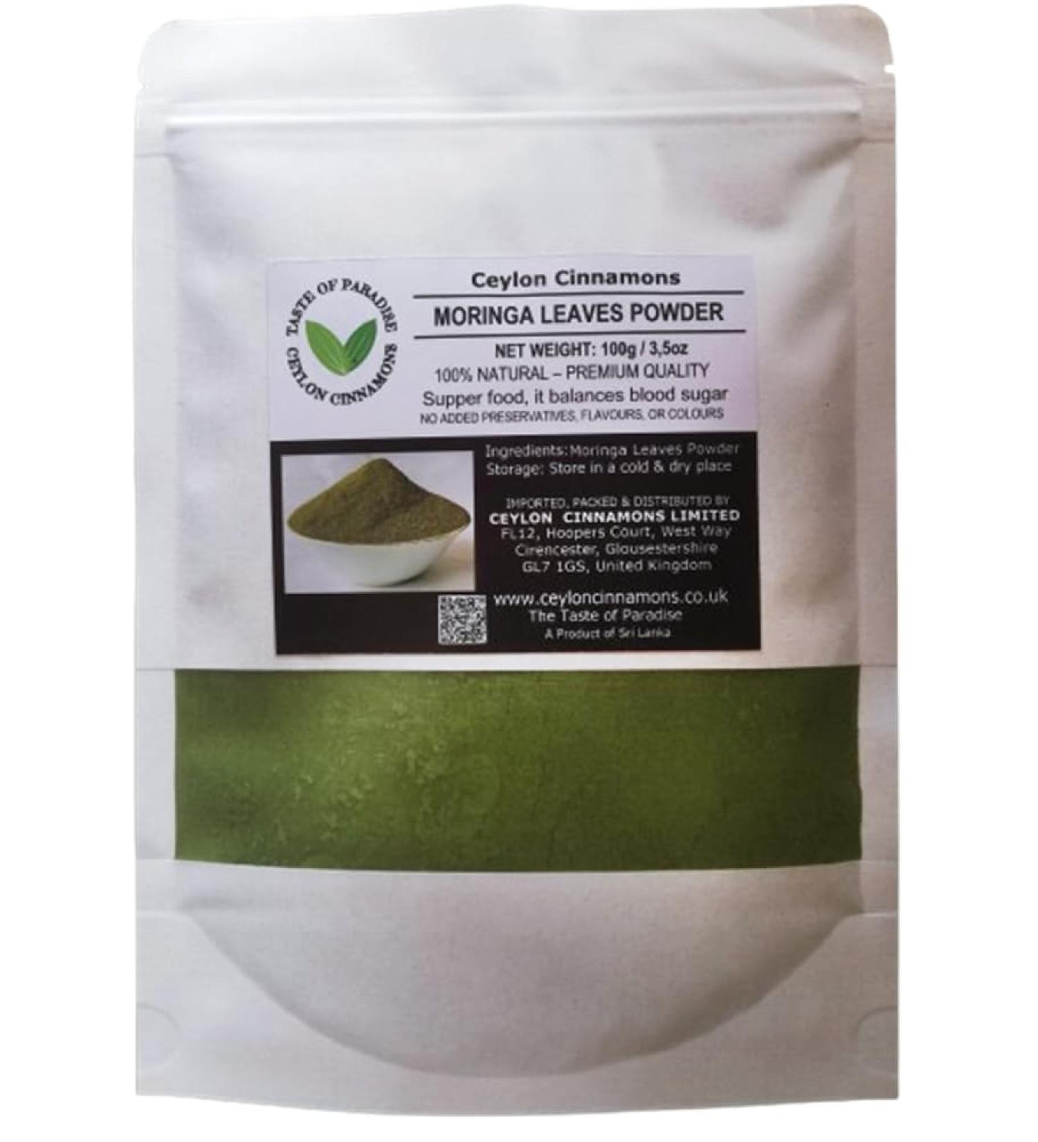 Ceylon Cinnamons Dried Moringa Leaves Powder 100g /3.5oz Premium Quality Green Superfood Caffeine Free - Buy Online on SooperMarket.com