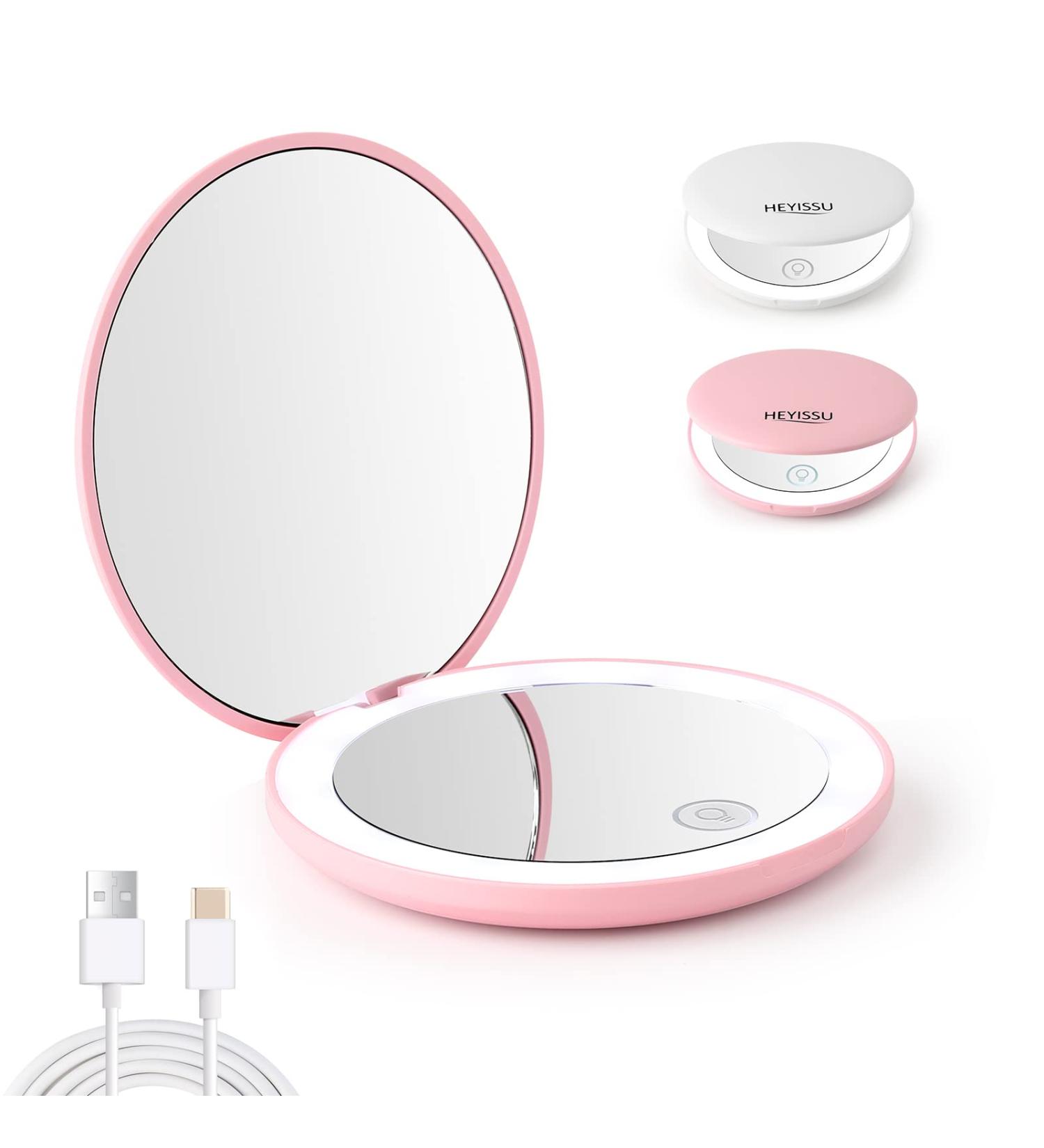HEYISSU LED Compact Mirror 10X Magnifying Travel Makeup Mirror with Light - Pink 3.5 inch Pocket Purse Handbag Mirror - Buy Online on SooperMarket.com