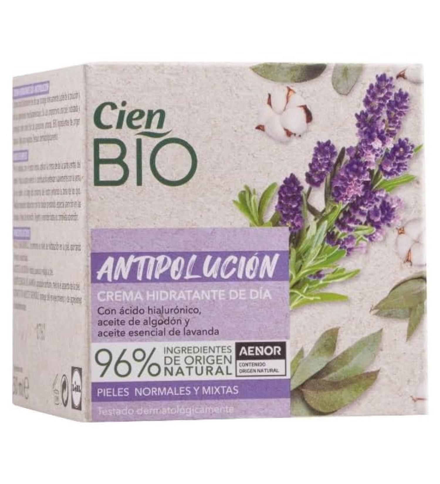 Cien Bio - Moisturizing Day Cream 50 ml. Anti-pollution Facial Treatment with Cotton Oil Lavender Essential Oil and Hyaluronic Acid. For Normal and Combination Skin.