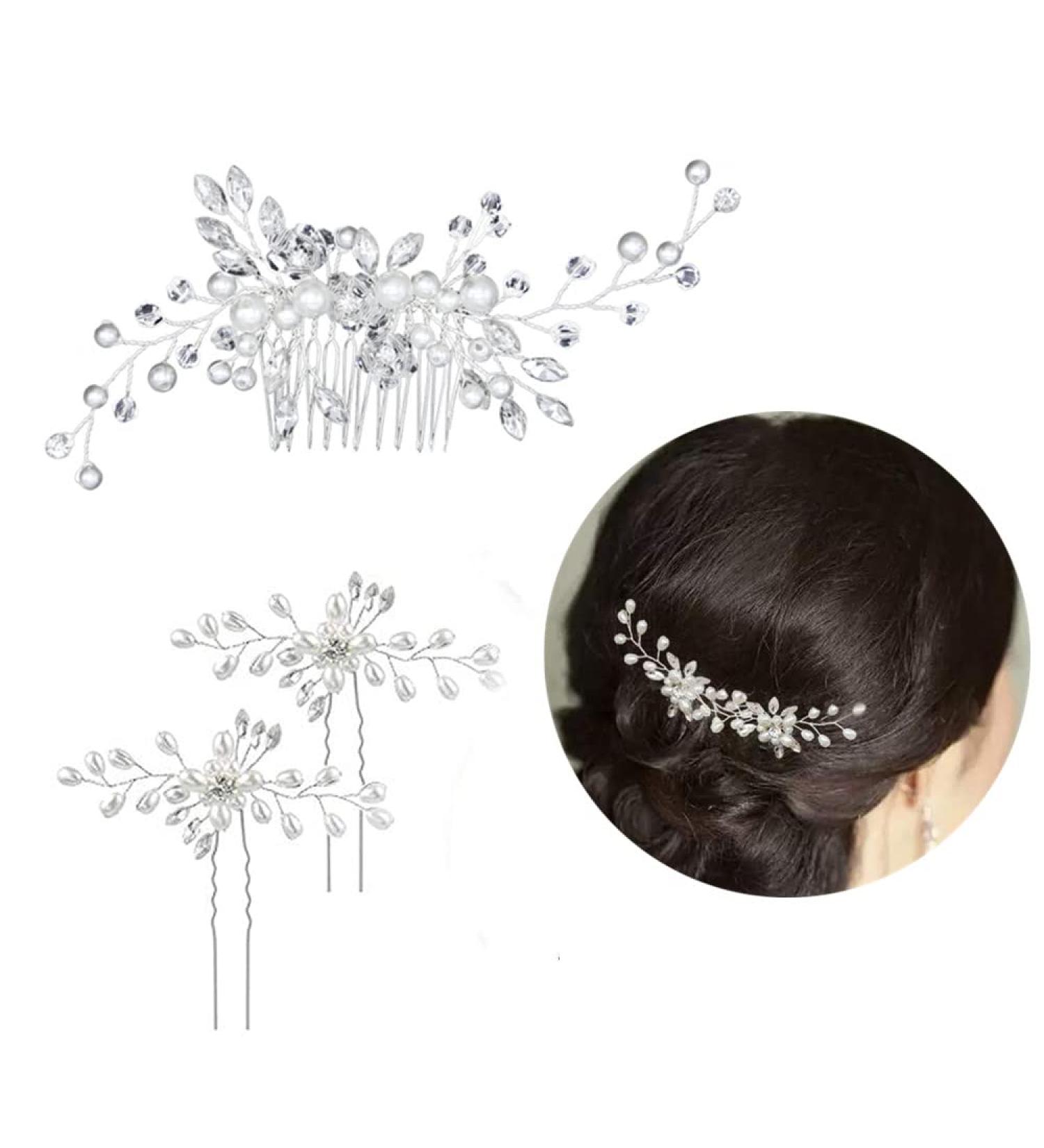 Elegant Bride Wedding Hair Comb Set | Crystal Pearl Hair Clips & Silver Vine Headdress for Girls - Buy Online on SooperMarket.com