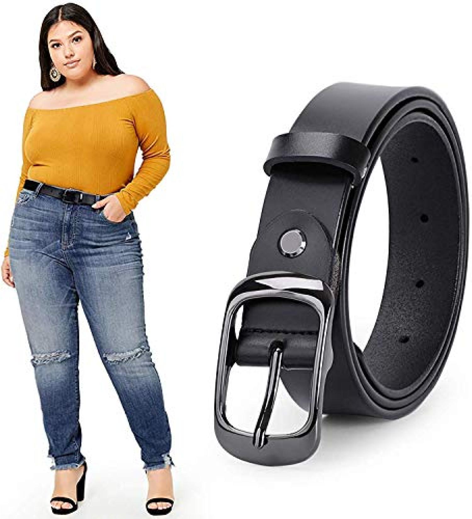 Werforu Women's Black Leather Belt | Plus Size 46-50 | Polished Gun Color Buckle | Jeans Pants Suit - Buy Online on SooperMarket.com