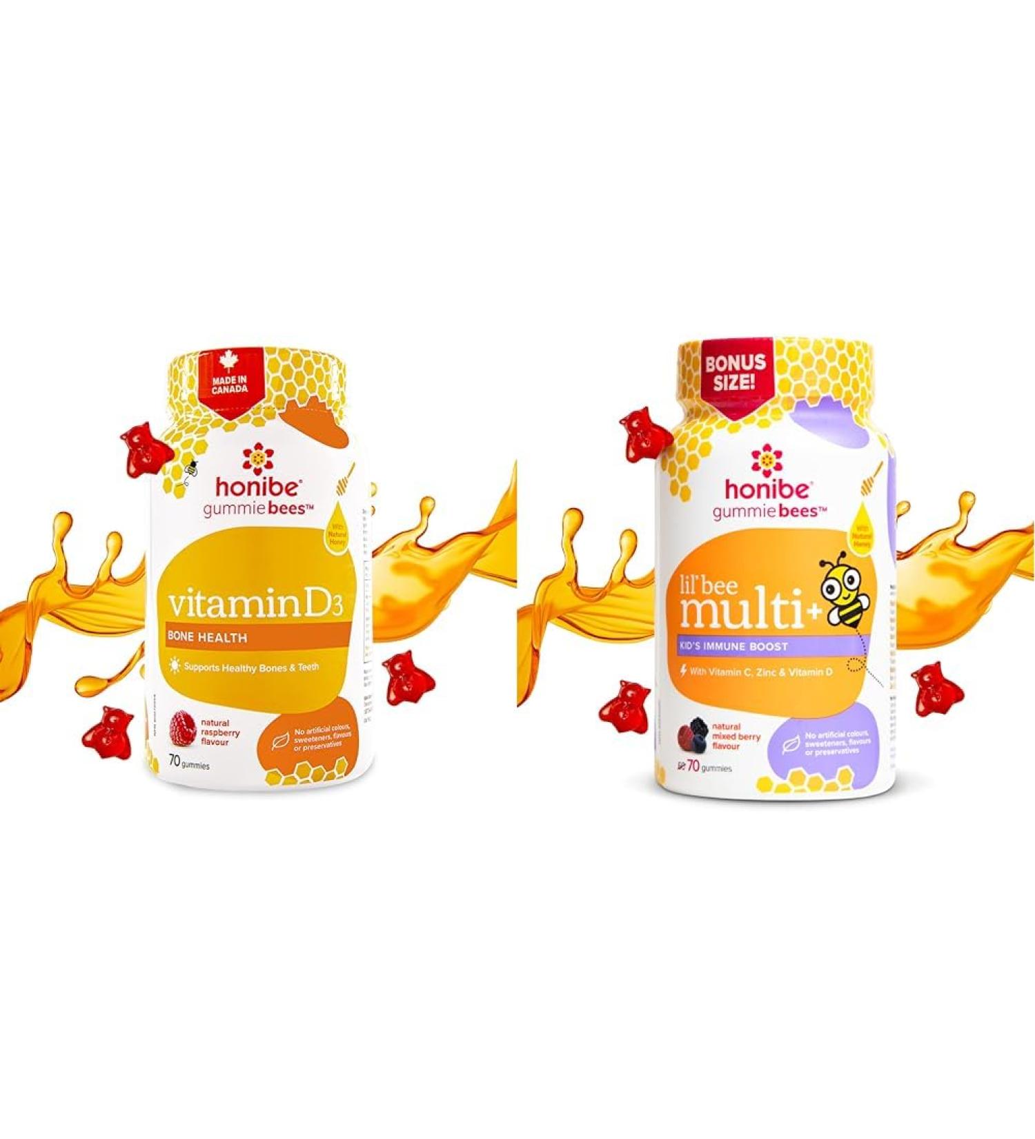 Honibe Vitamin D Gummies for Kids and Adults | Honey-Based Vitamins Made in Canada & Kids Multivitamin Gummies Plus Immune Boost | Honey-Based Vitamins Made in Canada | 70 gummies - Buy Online on SooperMarket.com