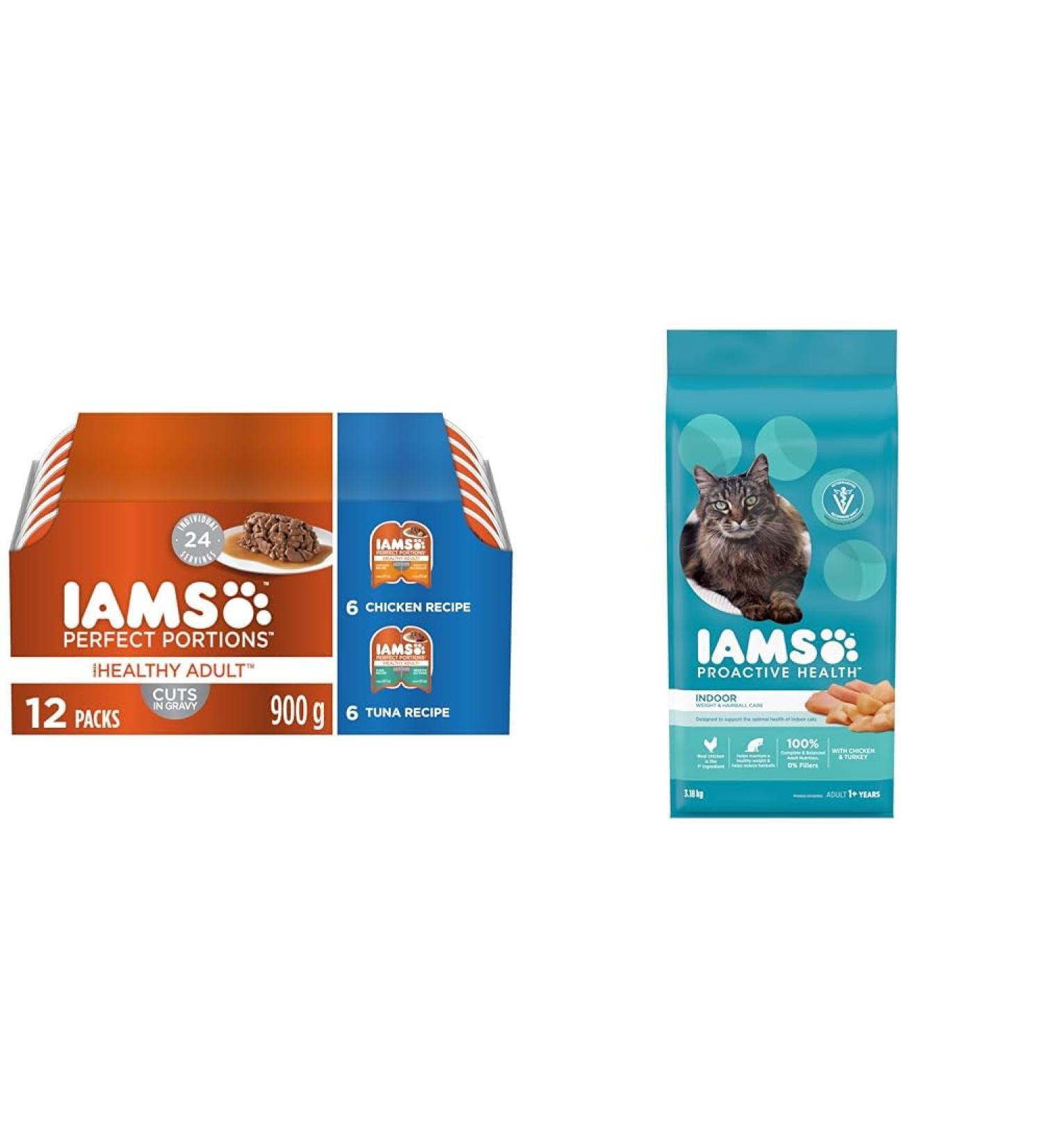 IAMS Perfect Portions Healthy Wet Cat Food Adult Grain Free Cuts in Gravy - Chicken and Tuna 12CT & Proactive Health Dry Cat Food Adult - Indoor Weight & Hairball Care - Chicken & Turkey 3.18kg - Buy Online on SooperMarket.com