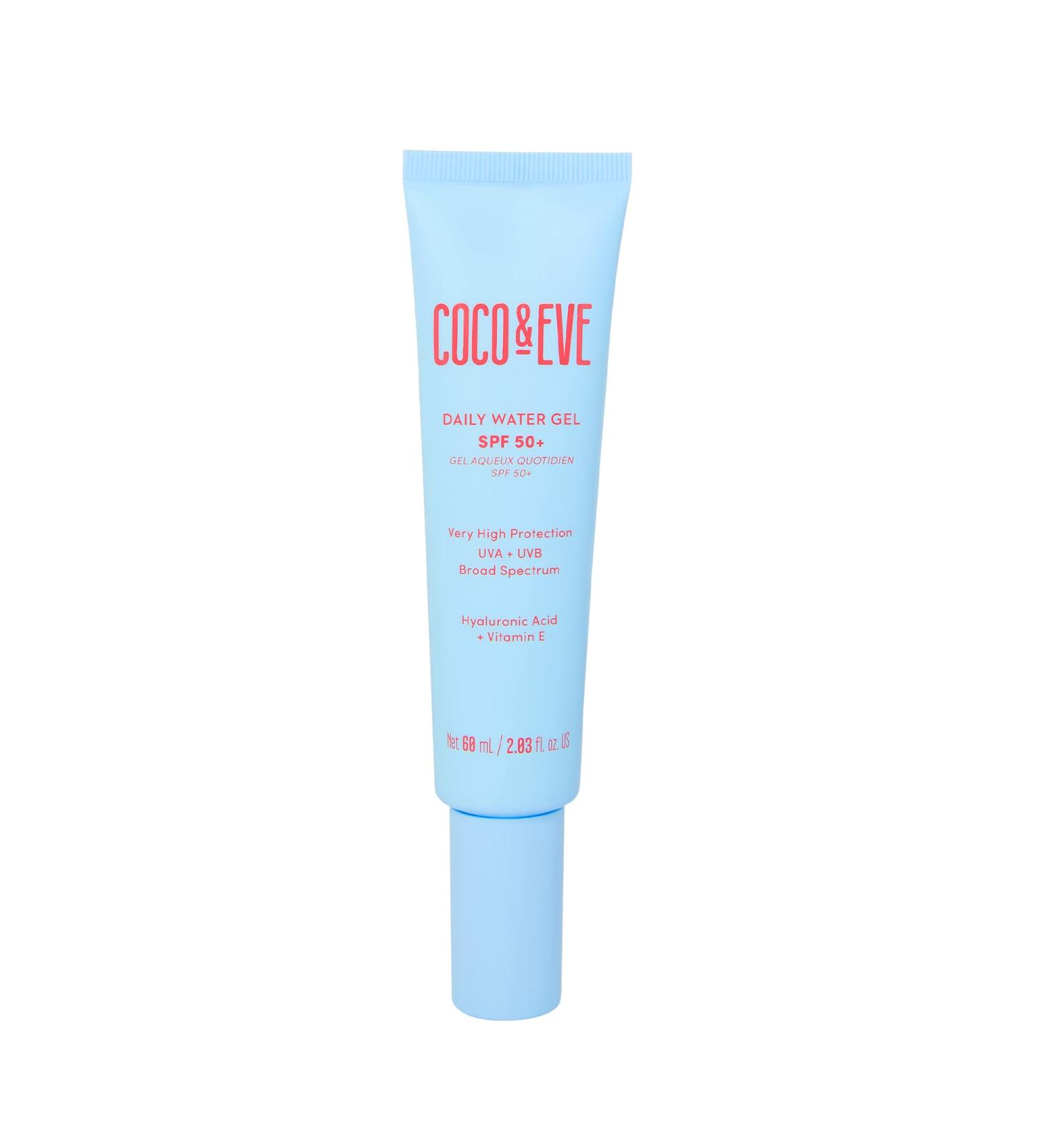 Coco & Eve Daily Water Gel SPF 50+ Sunscreen - Sun Face Protection Against UVA UVB | Australian Made Hydrating Lightweight Facial Suncream | Hyaluronic Acid Aloe Vera Glycerin for Smooth Finish - Buy Online on SooperMarket.com