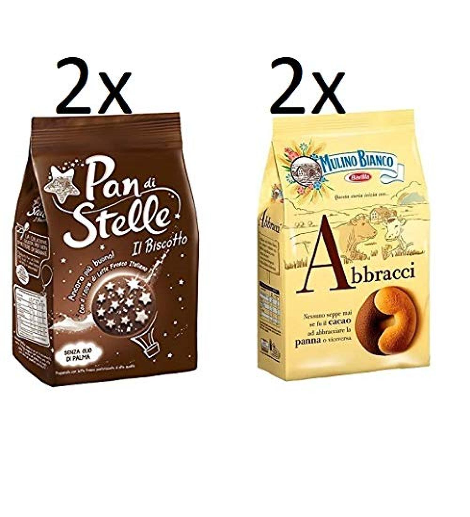 4 Bags Mulino Bianco Breakfast Value Set 2X Pan di Stelle 350g & 2X Abbracci Biscuits 350g Italian shortbread Cookies Cocoa & Cream