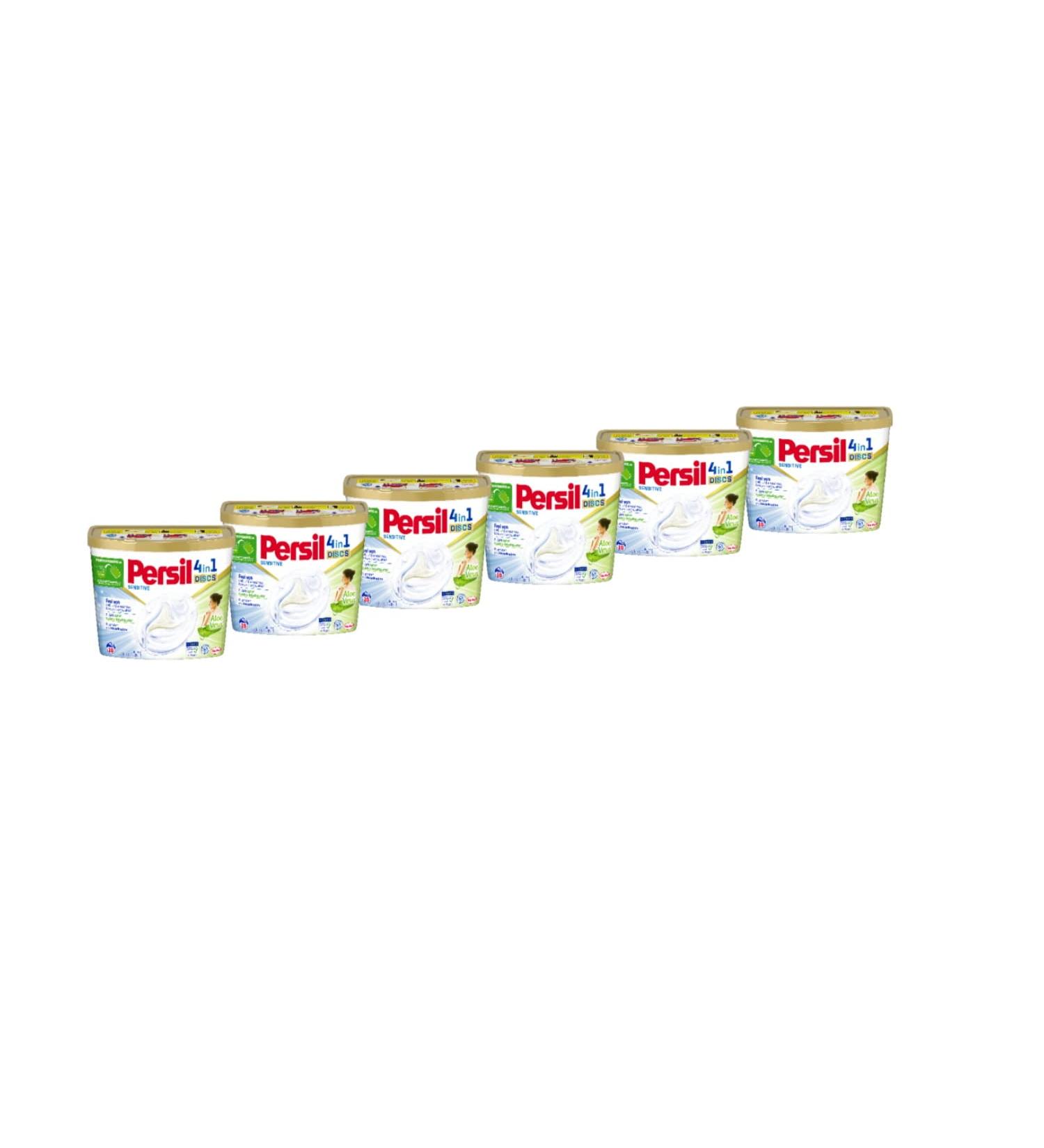 Persil Sensitive 4in1 Discs - Full Detergent 96 WL (6 x 16 Wash Loads) | Allergy-Friendly & Baby Safe with Aloe Vera | Effective from 20 C to 95 C | 400g (6 Pack) - Buy Online on SooperMarket.com