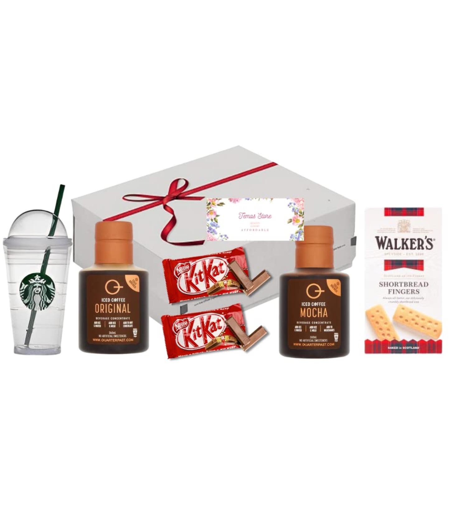 Temas Iced Coffee Snack Gift Bundle Includes Quarterpast Iced Coffee Original & Iced Mocha Short Bread Biscuit Reusable Coffee Cup & Nescafe KitKat - Buy Online on SooperMarket.com
