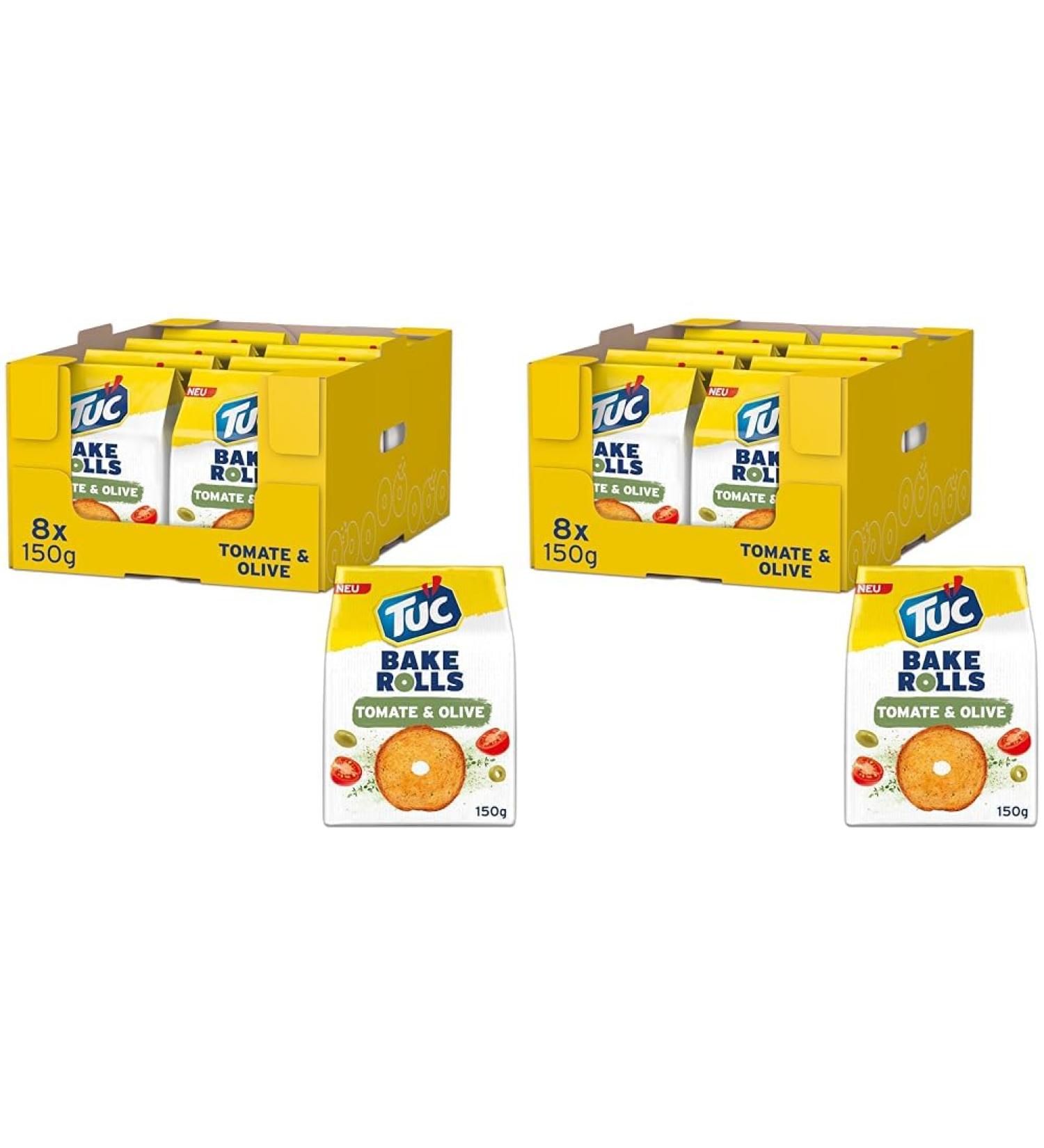 TUC Bake Rolls Tomate & Olive 8 x 150g I Crispy bread chips I snacks chips large pack (pack with 2) tomato & olive 150 g (16 pack)