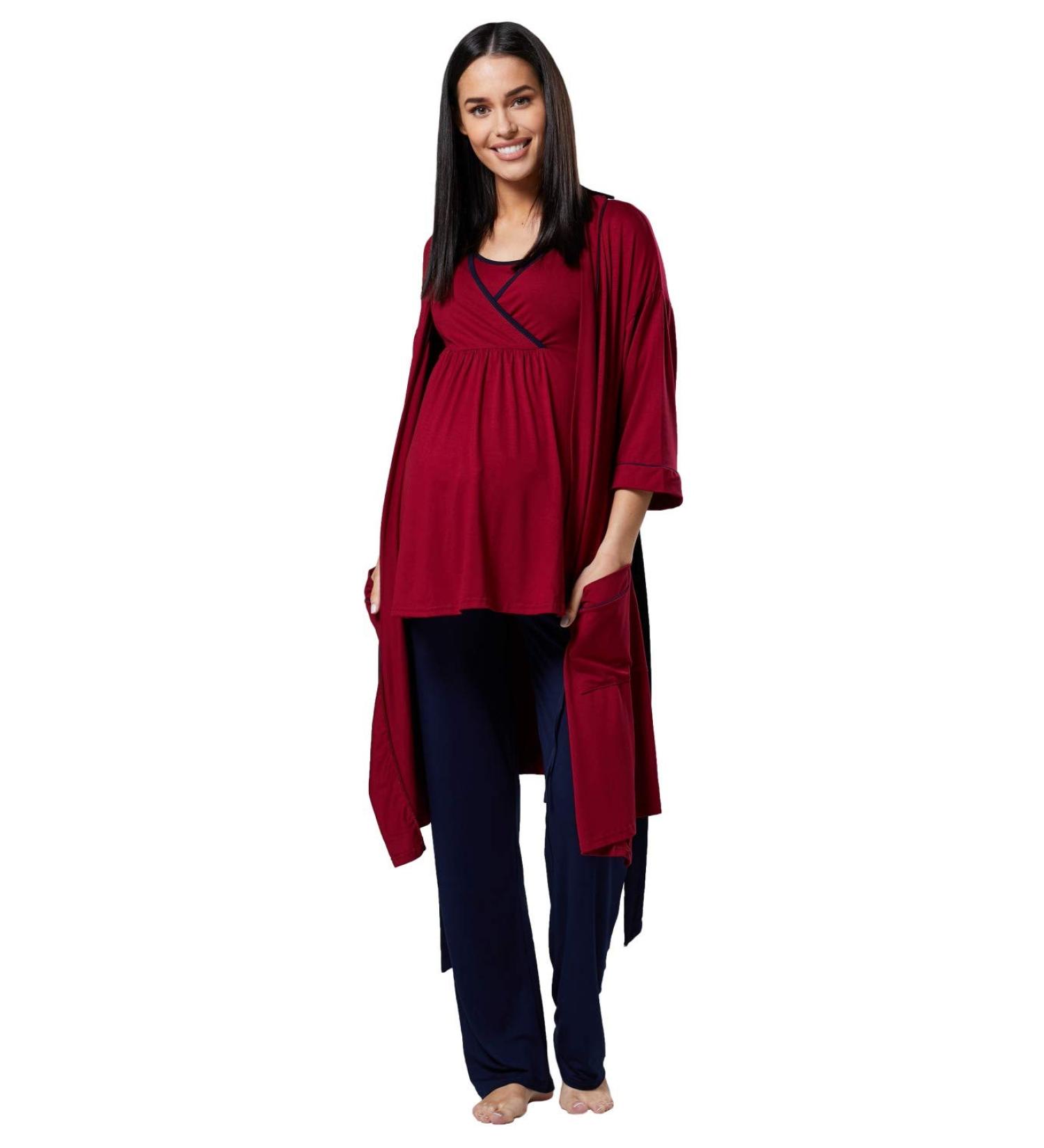 Happy Mama Women's Maternity Nursing 3pcs Nightwear Set - Crimson & Navy - Buy Online on SooperMarket.com