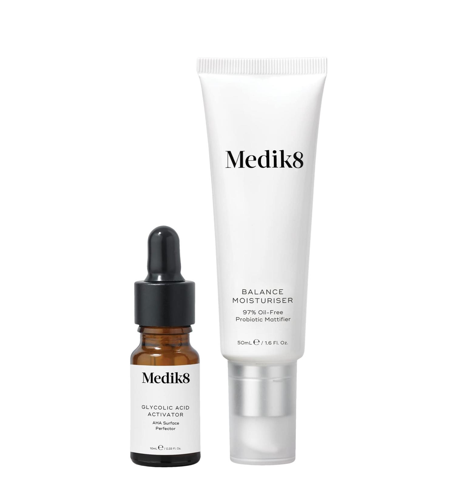 Medik8 Balance Moisturiser & Glycolic Acid Activator - 97% Oil-Free Probiotic Mattifier with AHA Surface Perfector - 50ml & 10ml - Buy Online on SooperMarket.com
