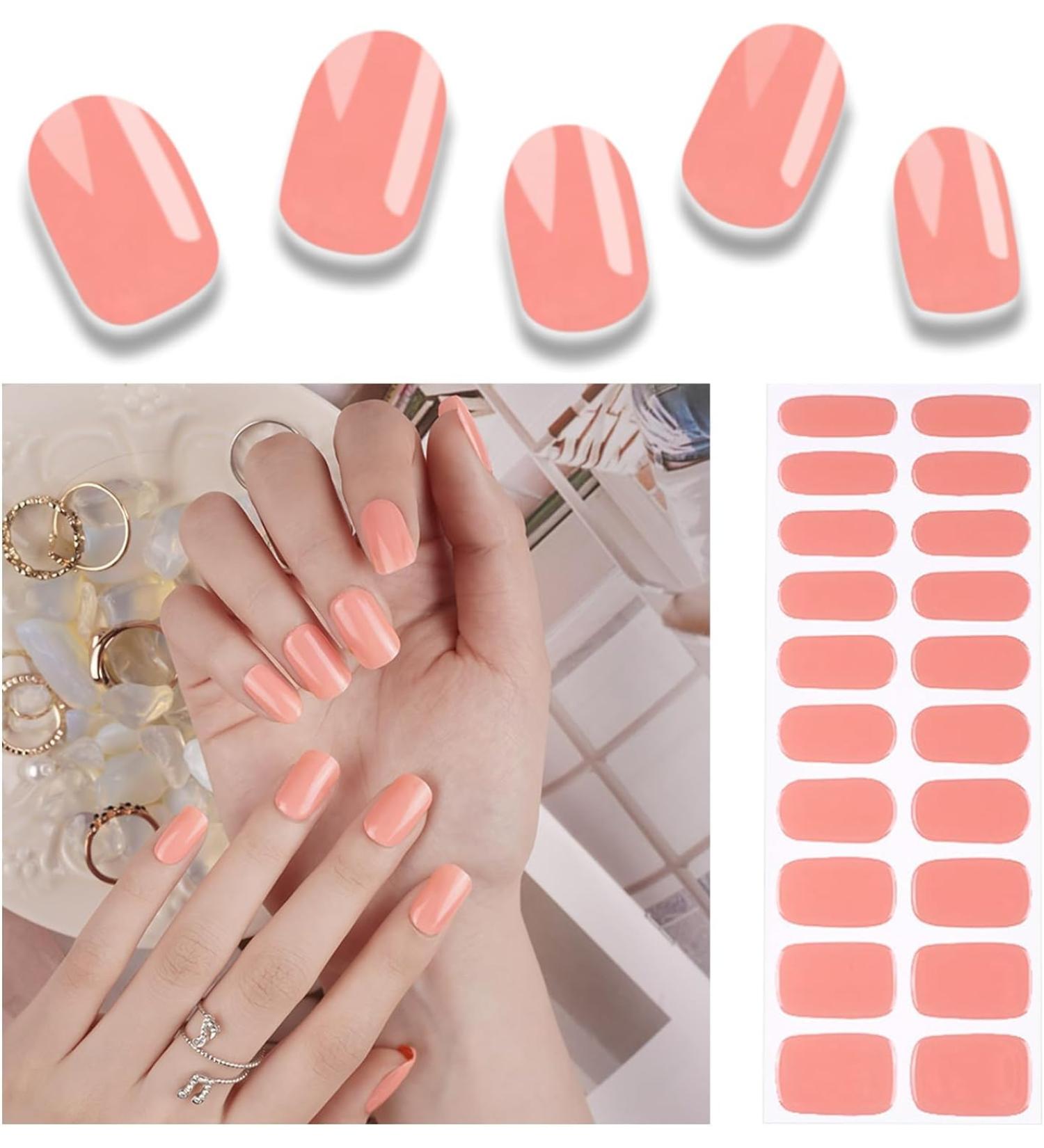 Foyute Semi Cured Gel Nail Strips 20 Pcs Soft Self-Adhesive Gel Nail Polish Wraps Sticker for Salon-Quality Manicure Set Long Lasting Easy to Apply & Remove Nail File & Wooden Stick (Tangerine) - Buy Online on SooperMarket.com