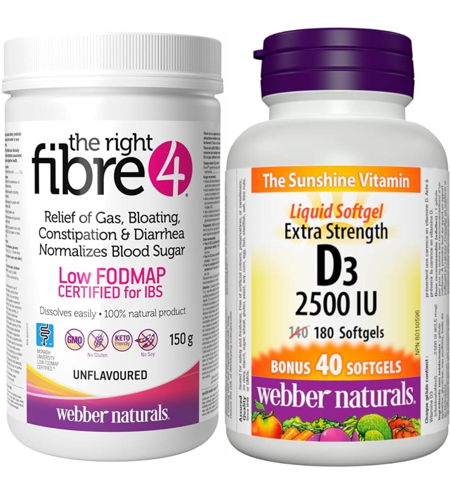 Webber Naturals The Right Fibre4 IBS Intestinal Discomfort 150 g Unflavoured 30 Servings & Vitamin D3 2500 IU Extra Strength 180 Softgels For Healthy Bones Teeth - Buy Online on SooperMarket.com