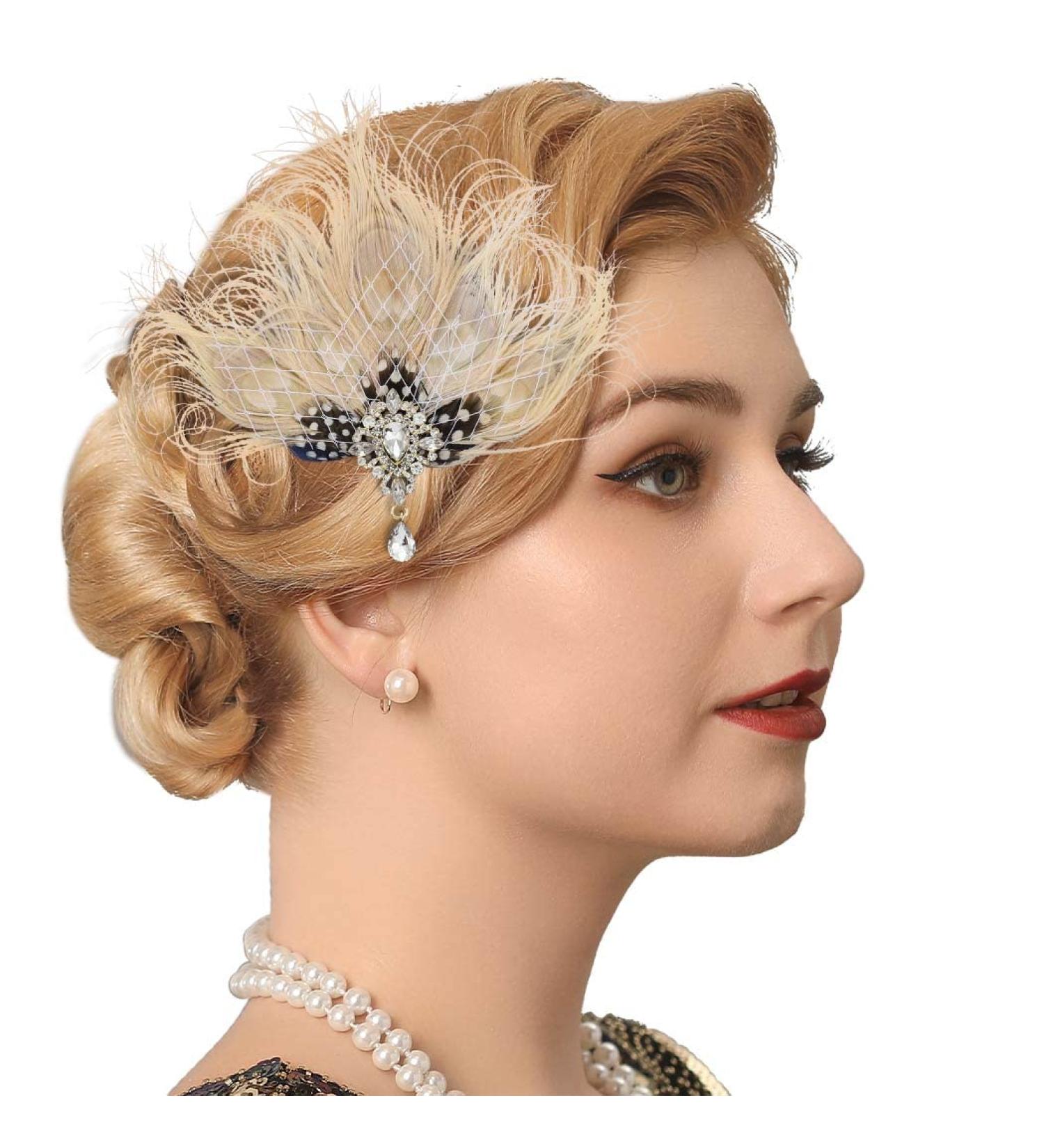 GENBREE Peacock Hair Clip 1920s Flapper Headpiece - Crystal Gatsby Headband for Women and Girls (White) | Prom Party Head Accessory - Buy Online on SooperMarket.com