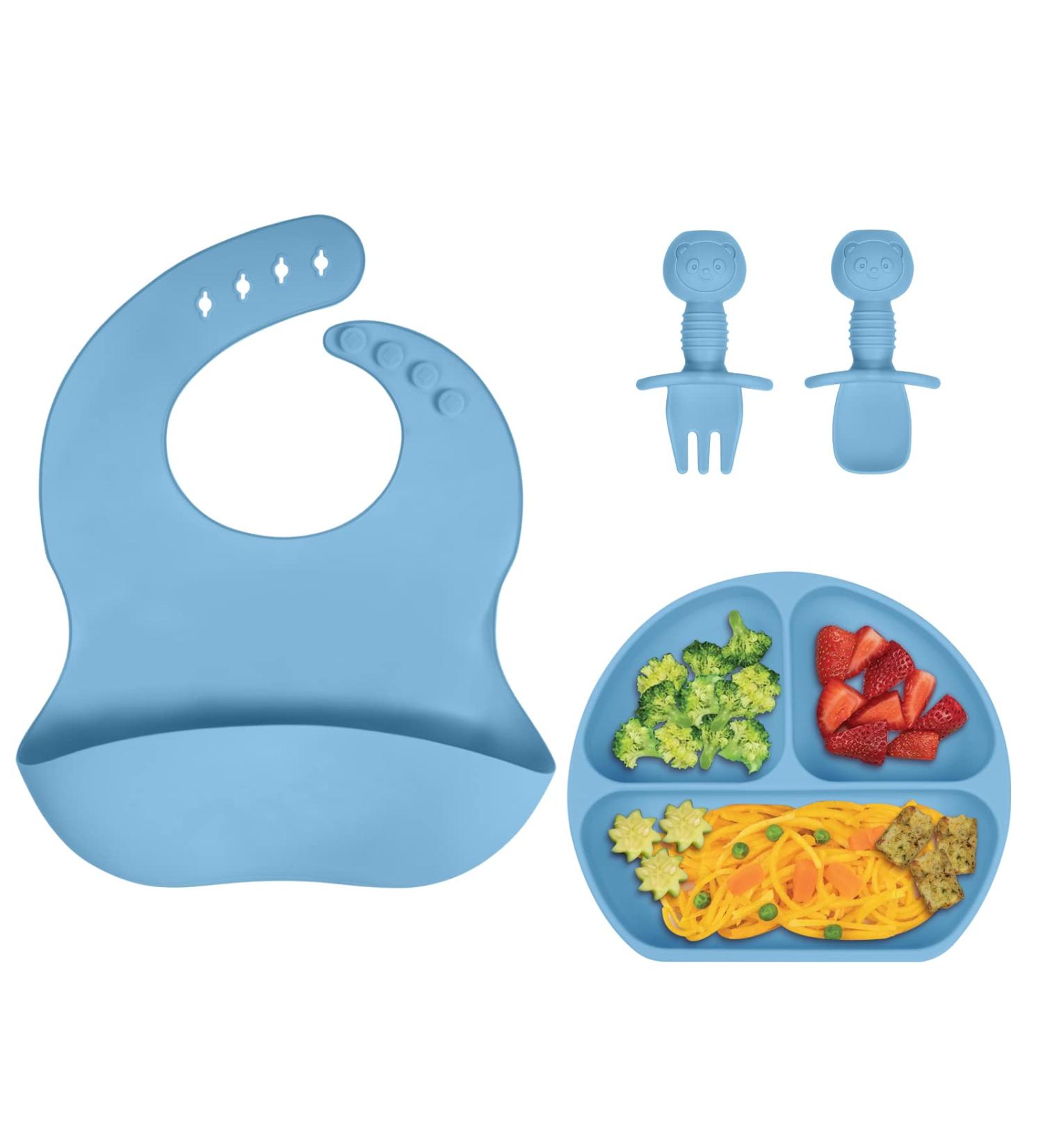 Vicloon Silicone Baby Feeding Set | 4 Pcs Weaning Suction Plate, Bib, Spoon & Fork | BPA-Free Toddler & Kids Plate Set | Divided Plate | Gift for Kids - Blue - Buy Online on SooperMarket.com