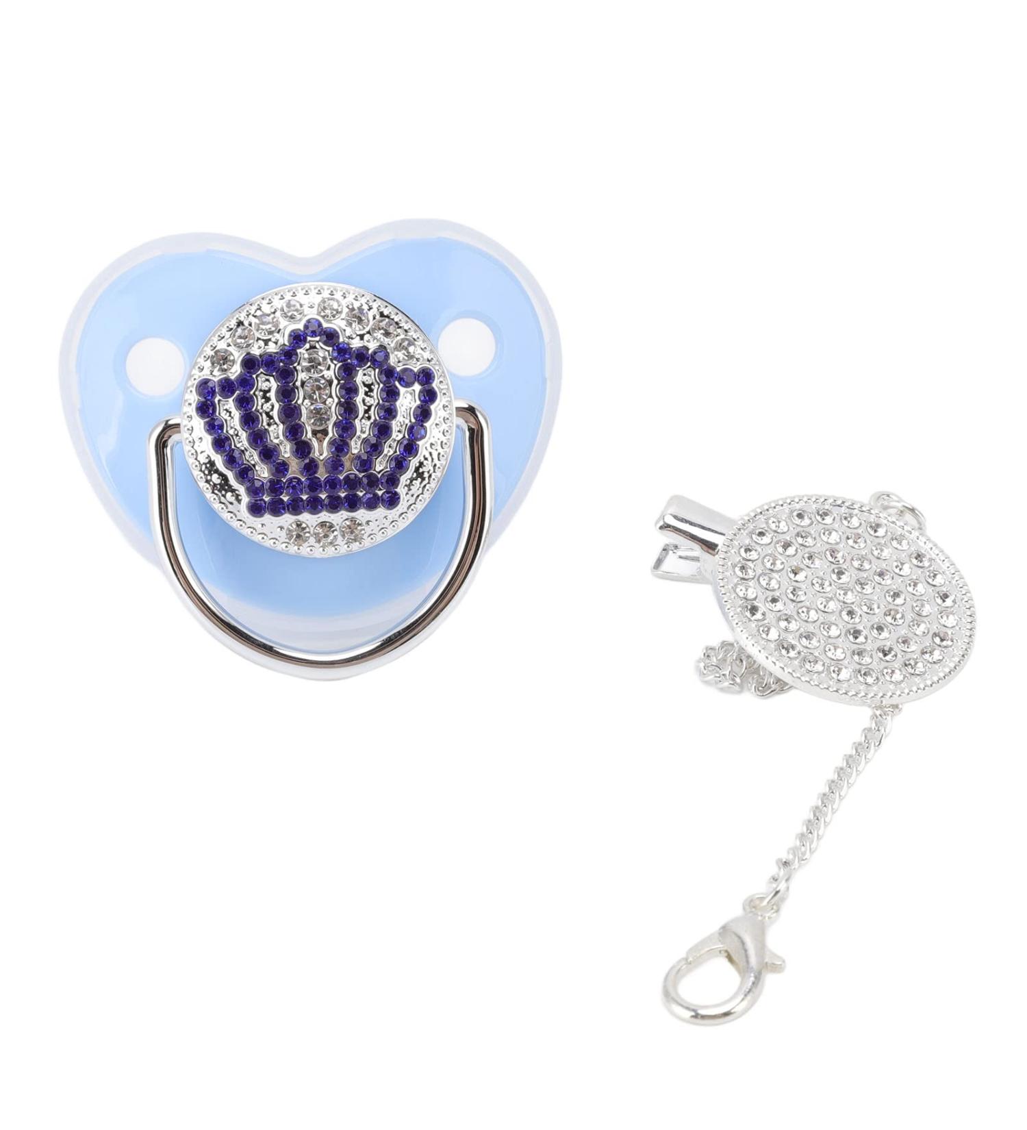 Bling Baby Pacifier Clip - Curved Silicone Design with Rhinestone Crown for Infants 6 to 18 Months - Stylish & Safe Newborn Pacifier (Blue M) - Buy Online on SooperMarket.com