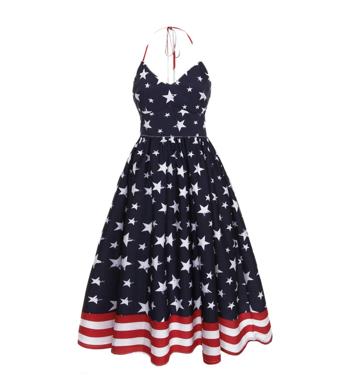 Womens Swing Dress American Flag Print Halter Backless A Line Pleated Flowy Independence Day Casual Dresses - XX-Large Blue - Buy Online on SooperMarket.com
