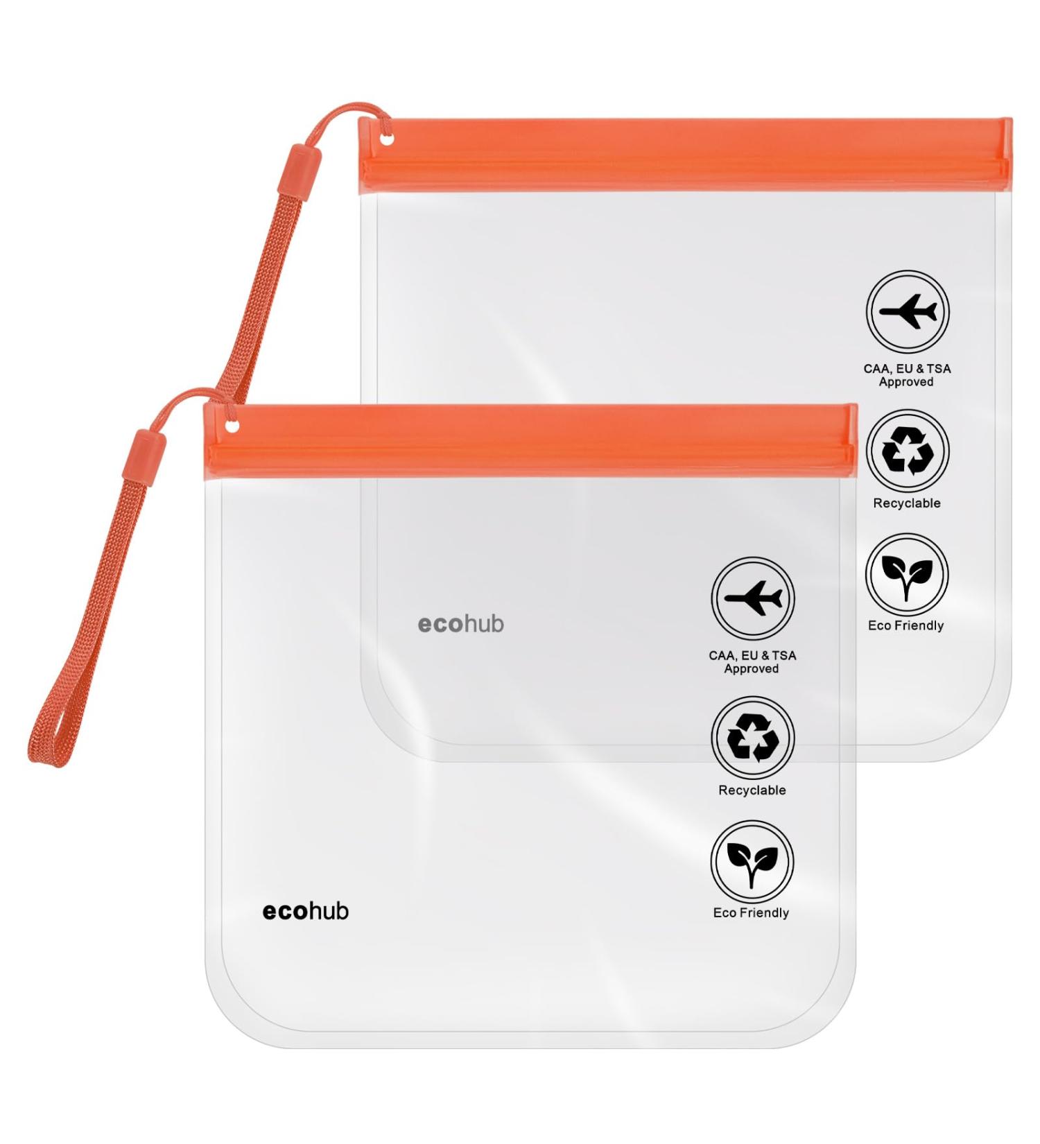 ECOHUB Airport Security Liquids Bag 20x20cm (2 pcs) - Airline Approved Clear Toiletry Bag for Travel - Orange with Carrying Handle - Buy Online on SooperMarket.com