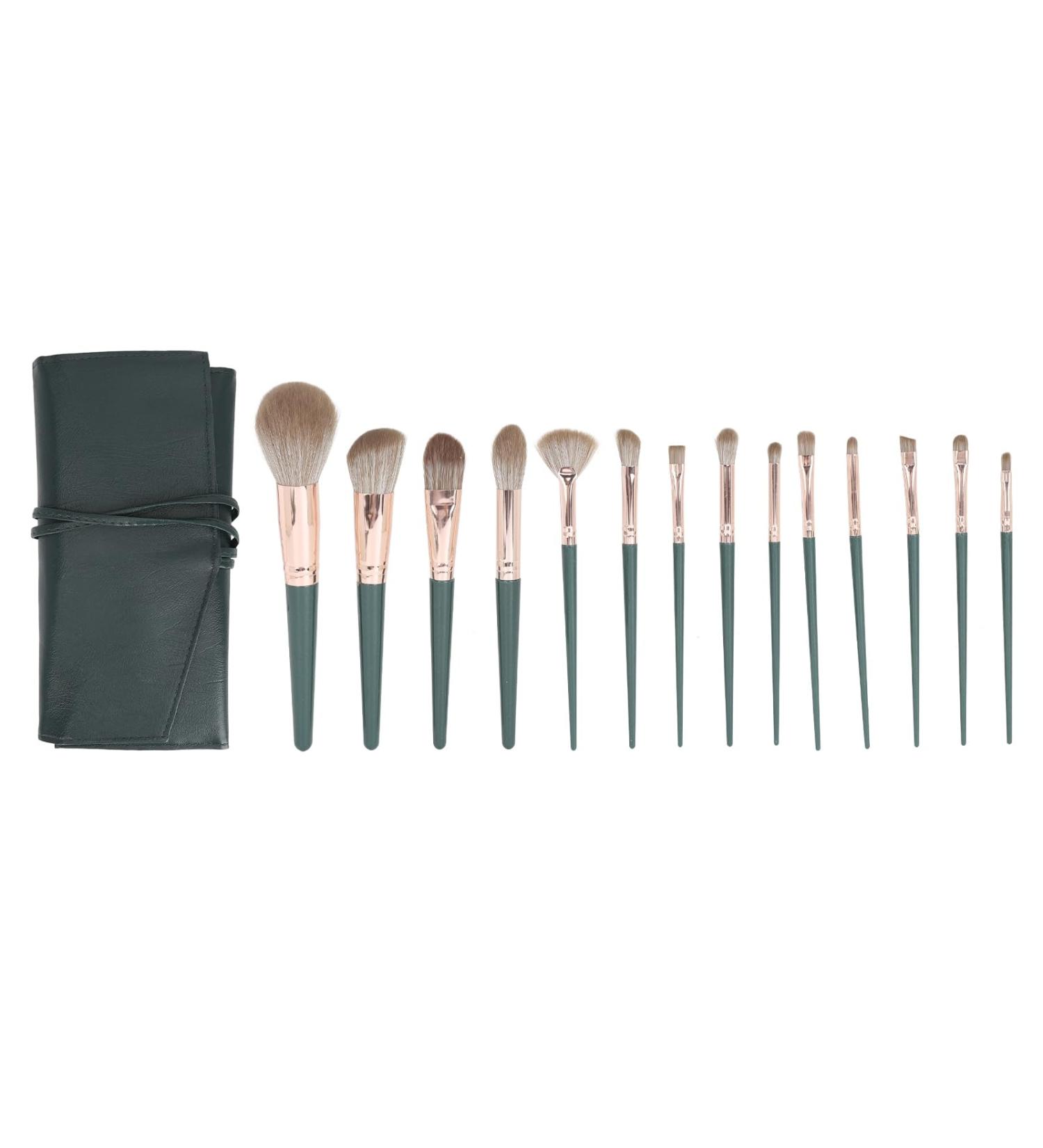 Complete 14-Piece Cosmetic Brush Kit for Sensitive Skin | Includes PU Bag | Green Eyeshadow & Foundation Tools | Worldwide Shipping - Buy Online on SooperMarket.com