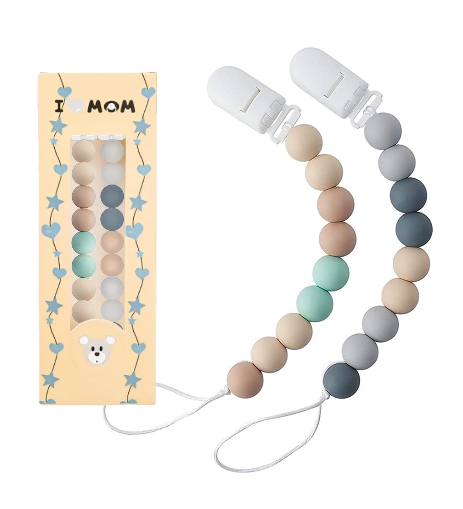 Silicone Beaded Pacifier Clip Teether Toy - Gray + Mint Green (2 Pack) - Buy Online on SooperMarket.com