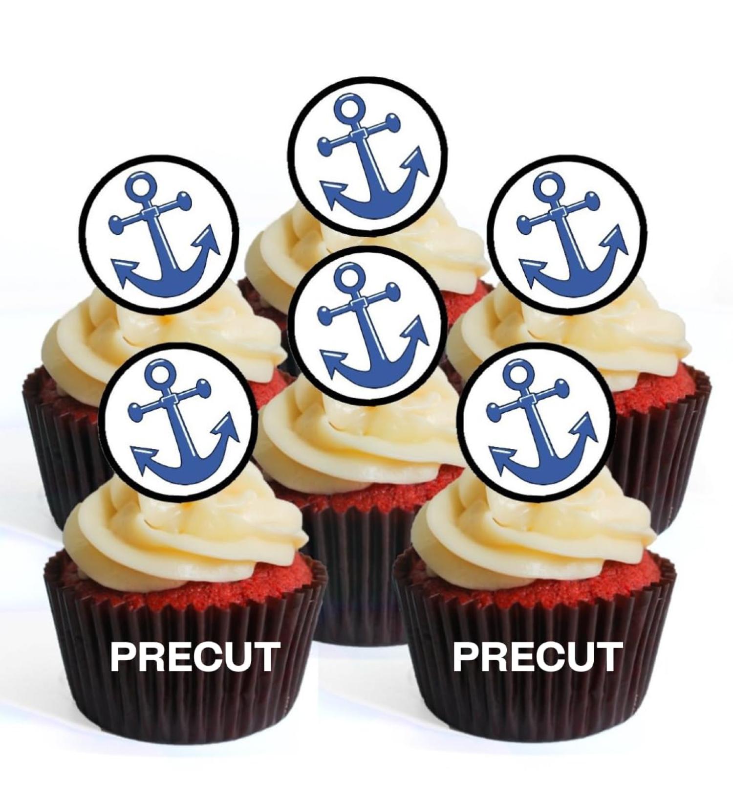 PRECUT Anchor Edible Cupcake Toppers - Navy Sailor Fisherman Theme Premium Thickness SWEETENED VANILLA - wafer card disc cake decorations (Pack of 12) - Buy Online on SooperMarket.com
