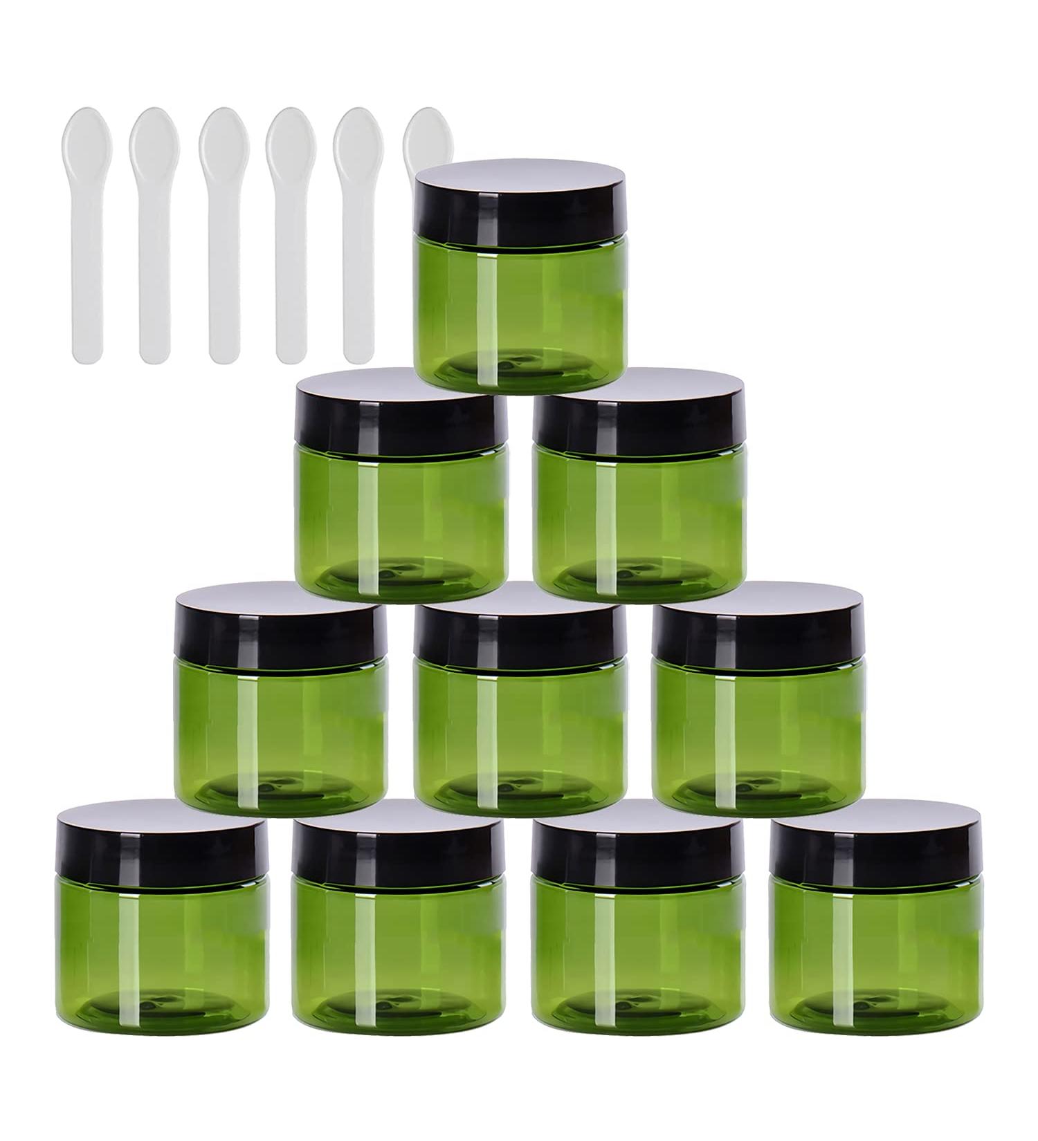 Tianzd 12-Pack 50ml Green Plastic Empty Cream Cans with Black Lid & 6 Spatulas - Ideal for Cosmetics & DIY Projects - Buy Online on SooperMarket.com