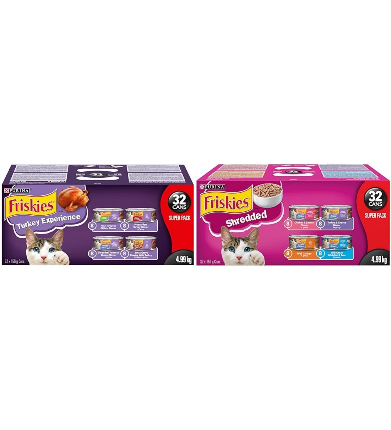 Purina Friskies Turkey Experience Wet Cat Food Super Pack 32 x 156g Cans Brown (44338) & Shredded Wet Cat Food Poultry & Fish Combo Variety Pack 4 Flavours - 156 g Can (32 Pack) Cat Food + Cat Food 32 Pack - Buy Online on SooperMarket.com