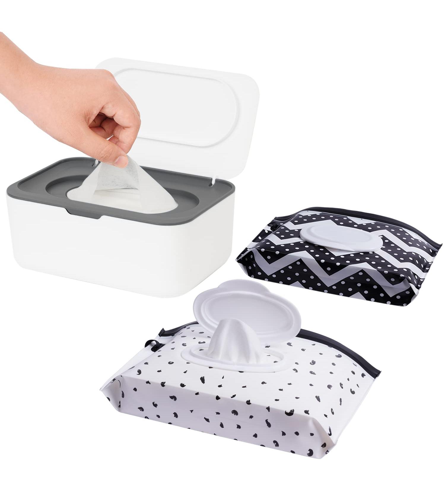 Portable Wipes Dispenser with 2 Cases | Baby & Adult Wipe Holder | Refillable Container | Keeps Wipes Fresh | One-Handed Operation | Easy Open/Close | Multicolor Grey - Buy Online on SooperMarket.com