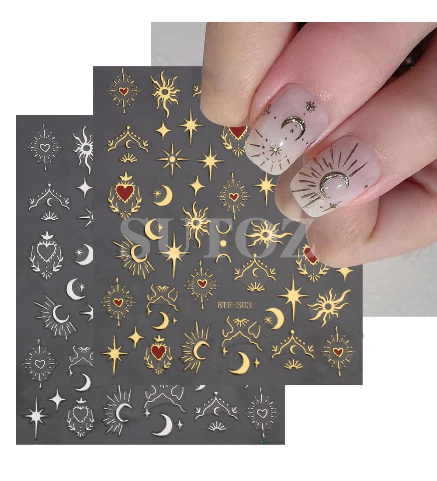 Diduikalor Sun Star Nail Stickers - 3D Self-Adhesive Heart Decals for Manicure Decor - Rose Gold Silver Design - Pack of 3 Sheets - Buy Online on SooperMarket.com