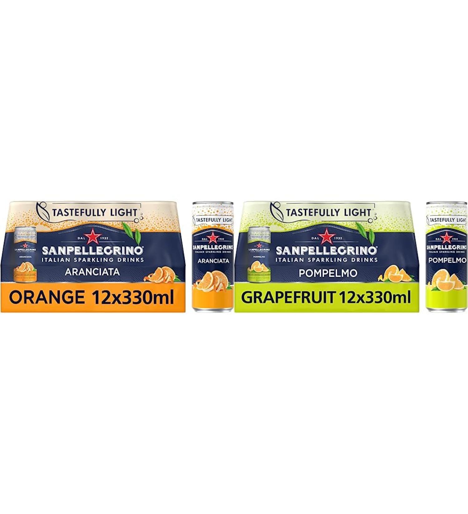 San Pellegrino Italian Tastefully Light Sparkling Orange Canned Soft Drink 12 x 330ml | 64k Cals per Can & Tastefully Light Sparkling Grapefruit Canned Soft Drink 12 x 330ml | 70 kCals per Can - Buy Online on SooperMarket.com
