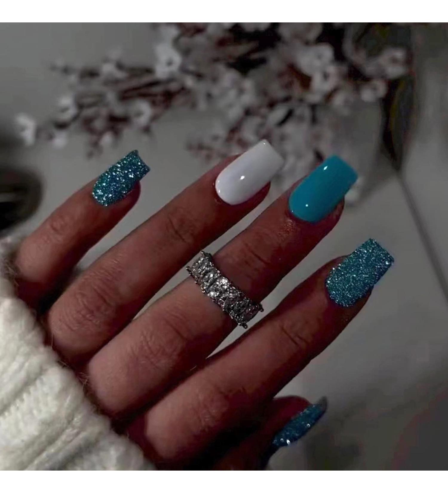MISUD Short Square Press on Nails - Glossy Summer Blue Acrylic Nails | 24 pcs Squoval DIY False Nails with Bling Glitter Design - Buy Online on SooperMarket.com