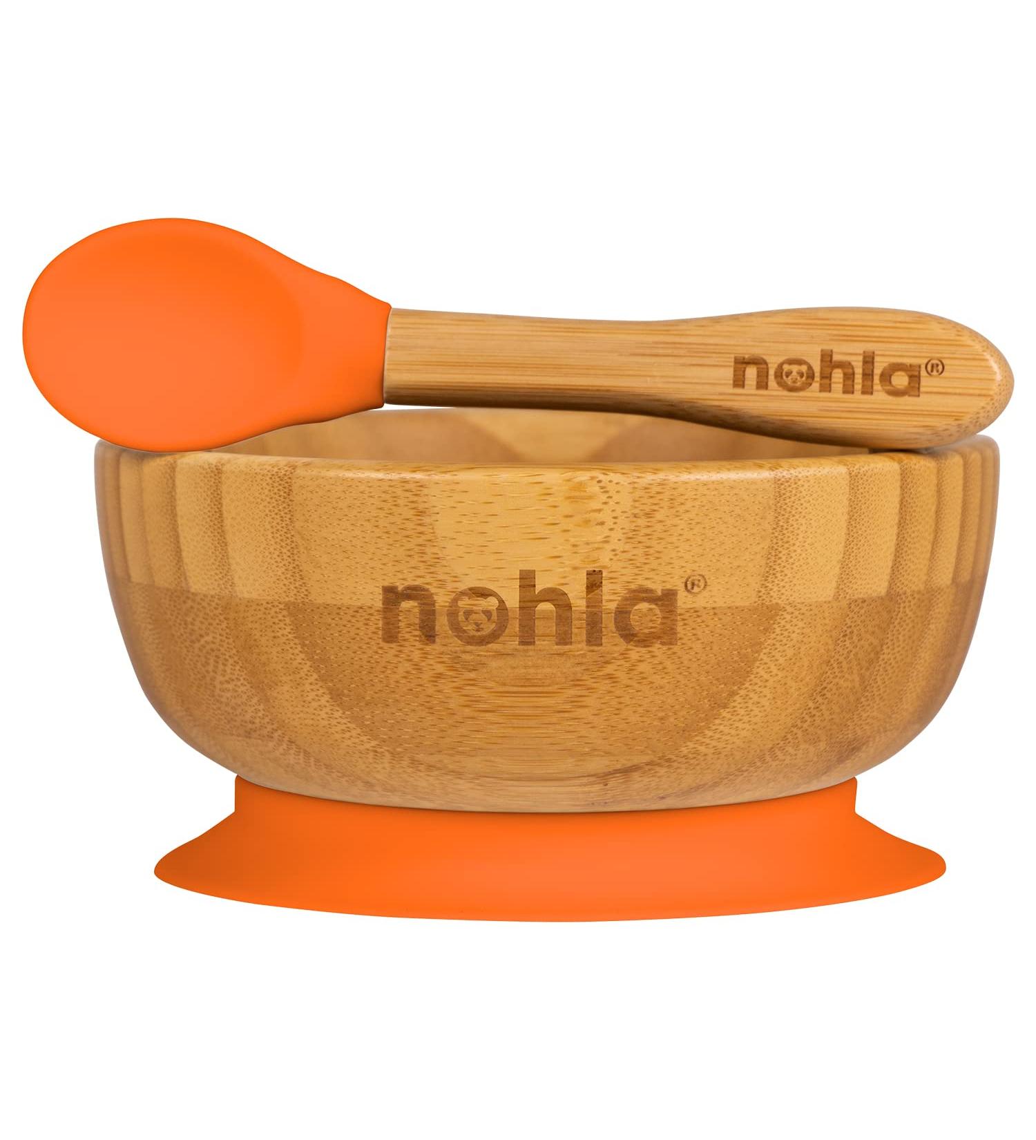 nohla - Bamboo Baby Weaning Suction Bowl and Spoon Set - Orange - 350ml Capacity - 100% Natural & Organic BPA-Free Silicone - Toddler Mealtime Essentials Orange Bowl