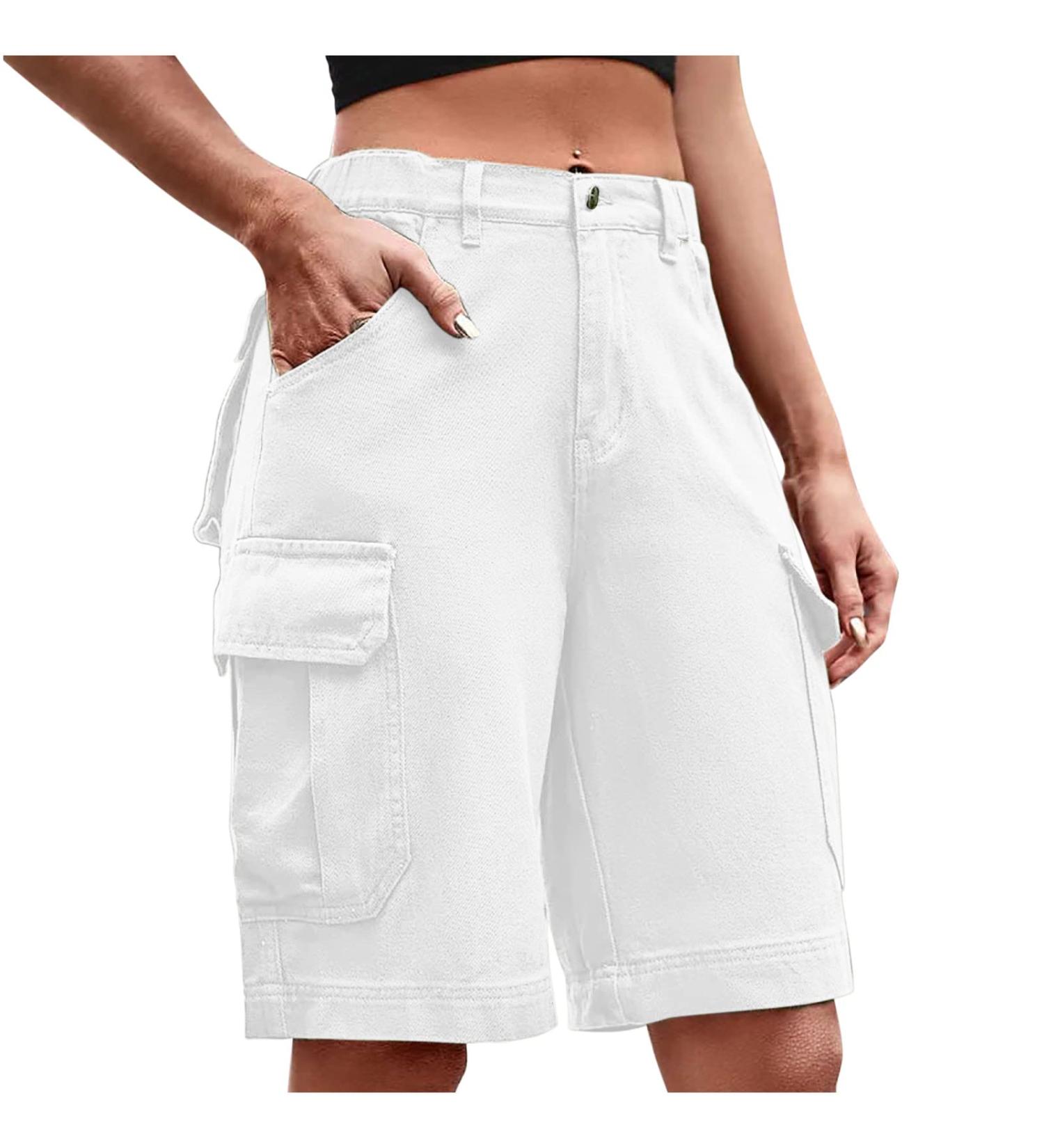 Women's Camo Cargo Shorts | Button Fly with Pockets | Solid Color Knee-Length Summer Shorts - Buy Online on SooperMarket.com