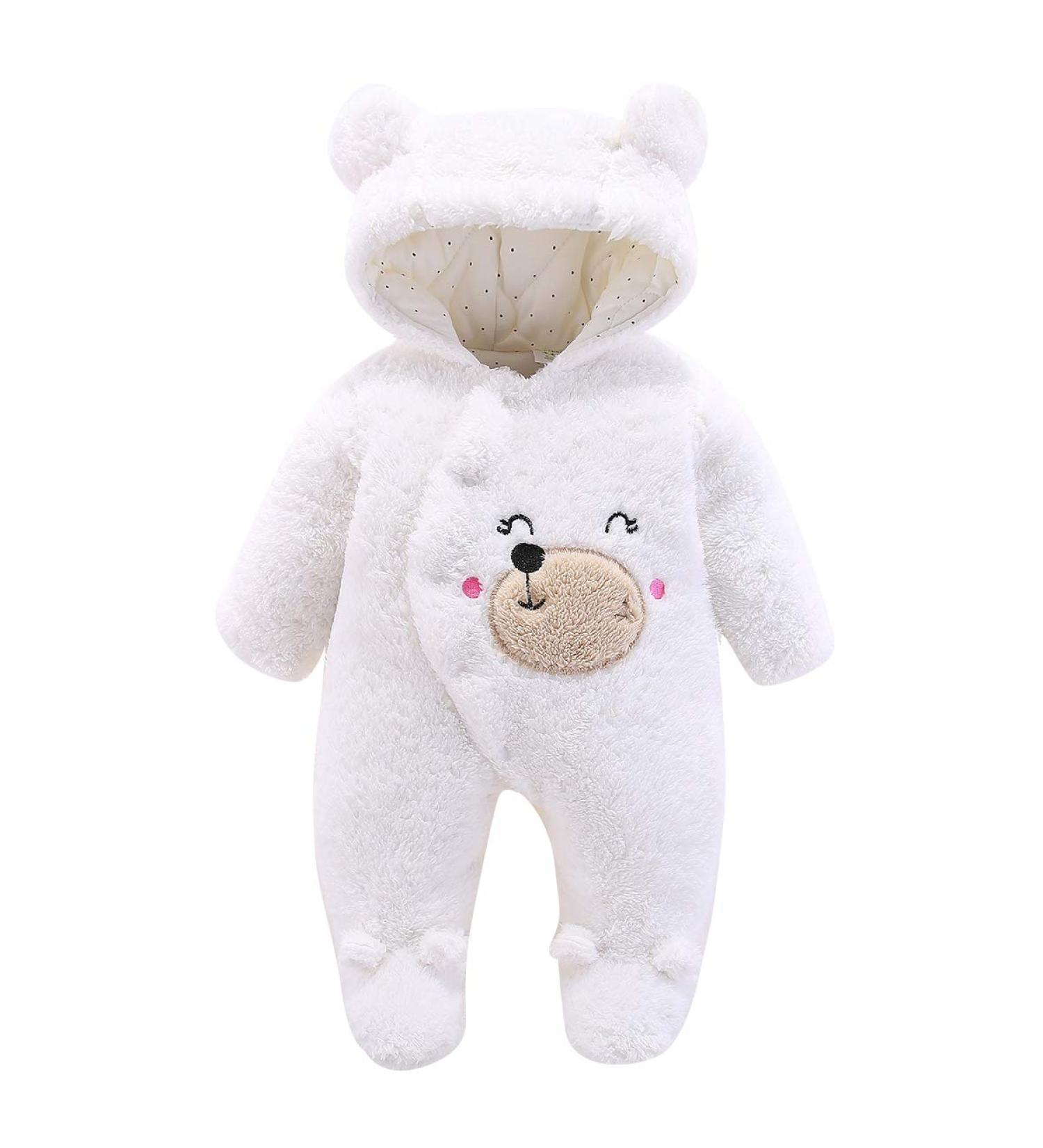 Puseky Newborn Baby Bear Snowsuit Winter Coat Hooded Romper | Unisex Fleece Jumpsuit 0-3 Months - White - Buy Online on SooperMarket.com