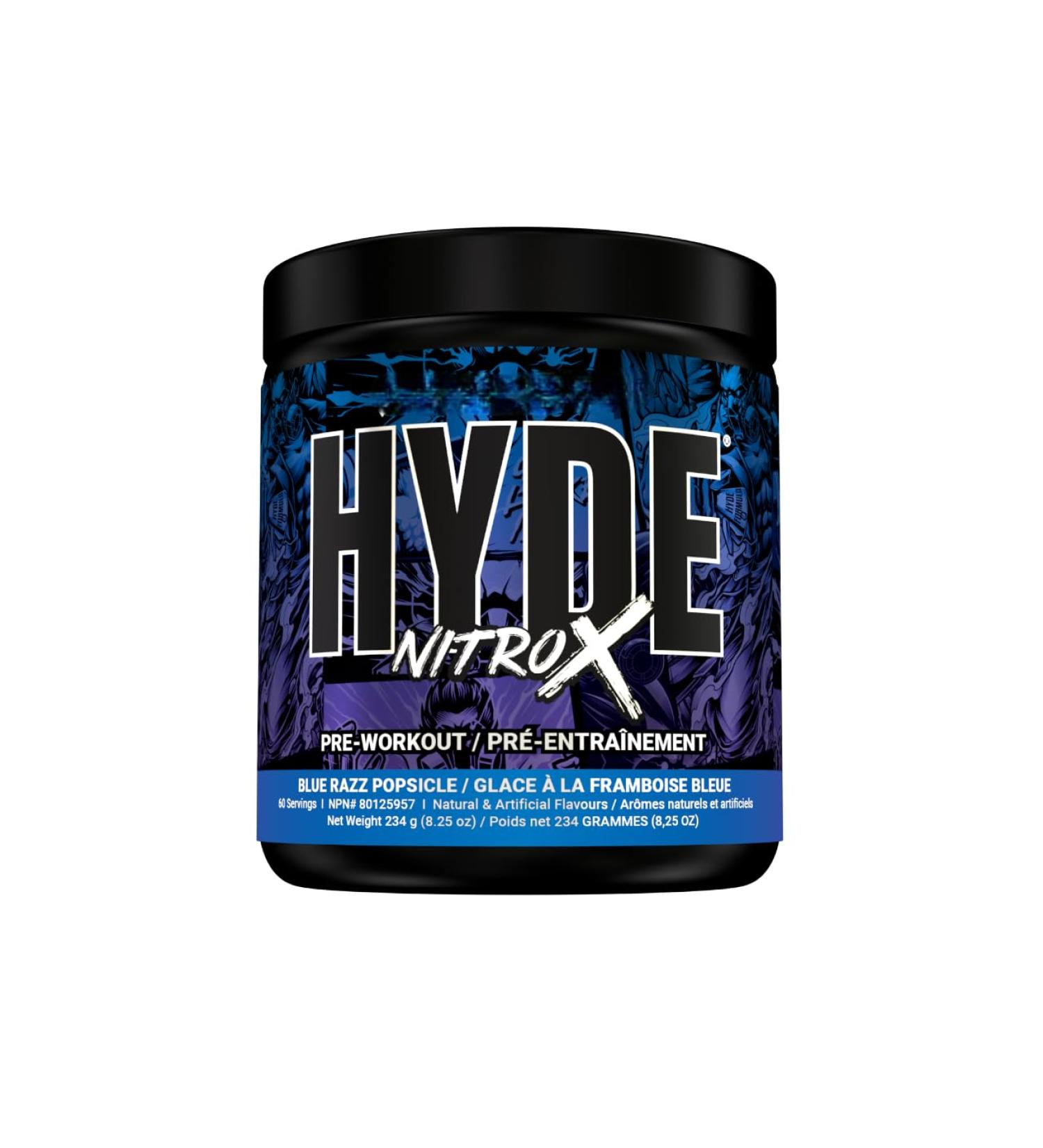 Hyde-Nitro X Pre-Workout Powder | Extreme Energy Pumps Power & Focus | High Stimulant Pre-Workout | 400mg Caffeine 1g Creatine HCL Teacrine & Nitrosigine | 60 Servings (Blue Razz Popsicle) Blue Razz Popsicle 60 Servings - Buy Online on SooperMarket.com