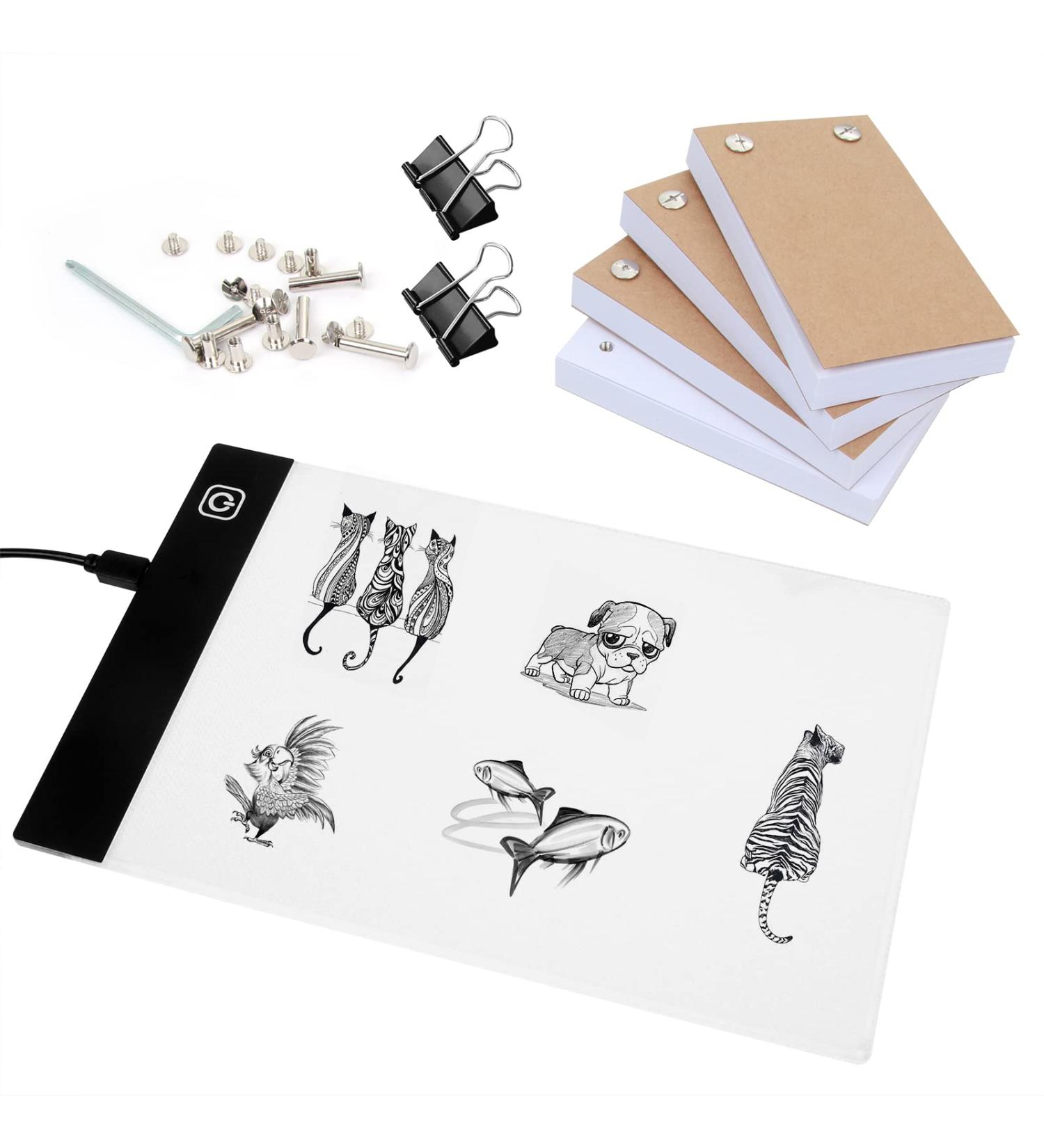 Flip Book Kit with Light Pad - A5 LED Board & 320 Sheets for Drawing, Tracing, Sketching - Flip Books Paper with Holes & Binding Screws - Buy Online on SooperMarket.com