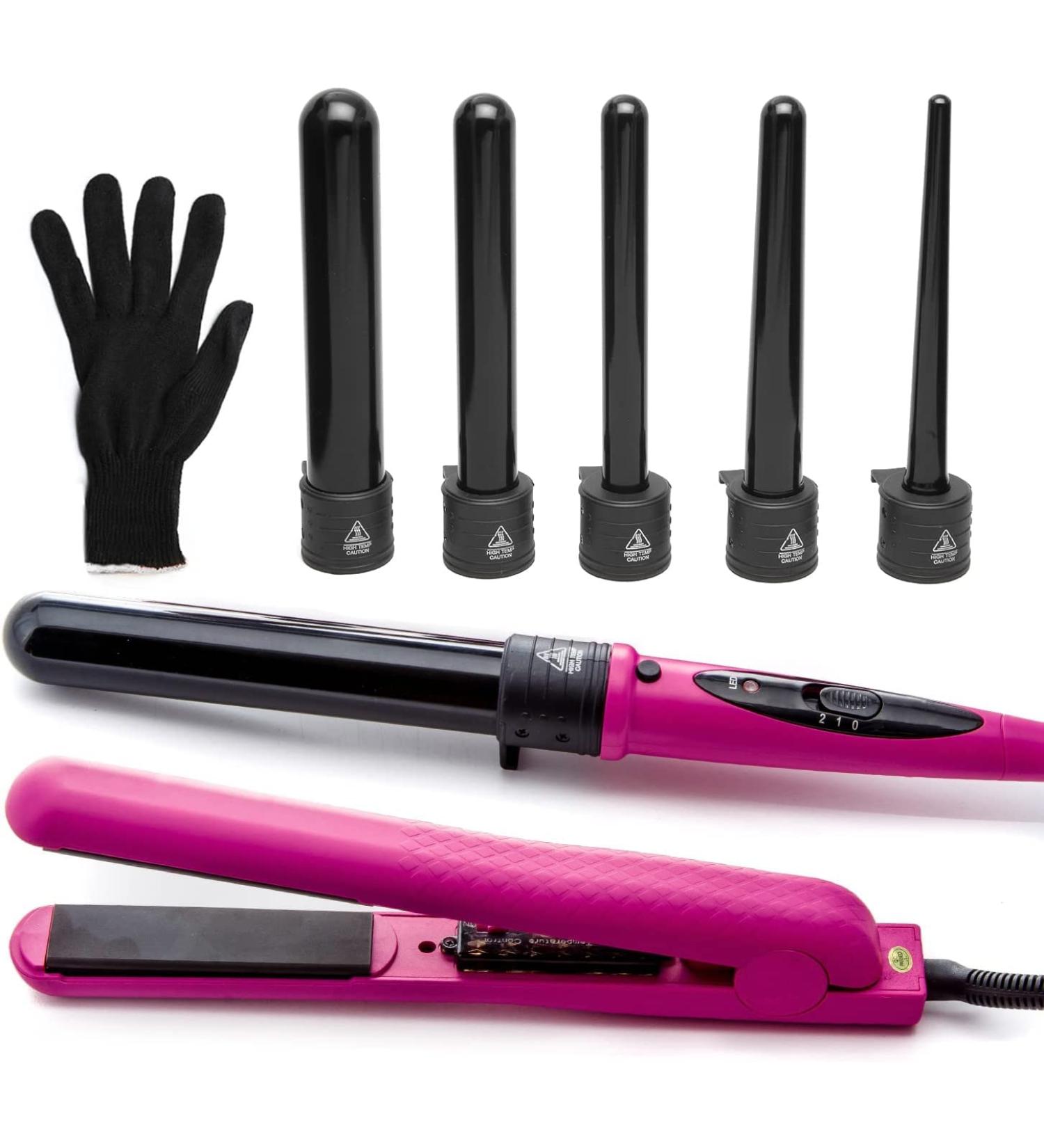 Deluxe Beauty Professional 8 Piece Interchangeable Flat and Curling Iron Set - Instant Hair Straightening and Curling - Pink - Buy Online on SooperMarket.com