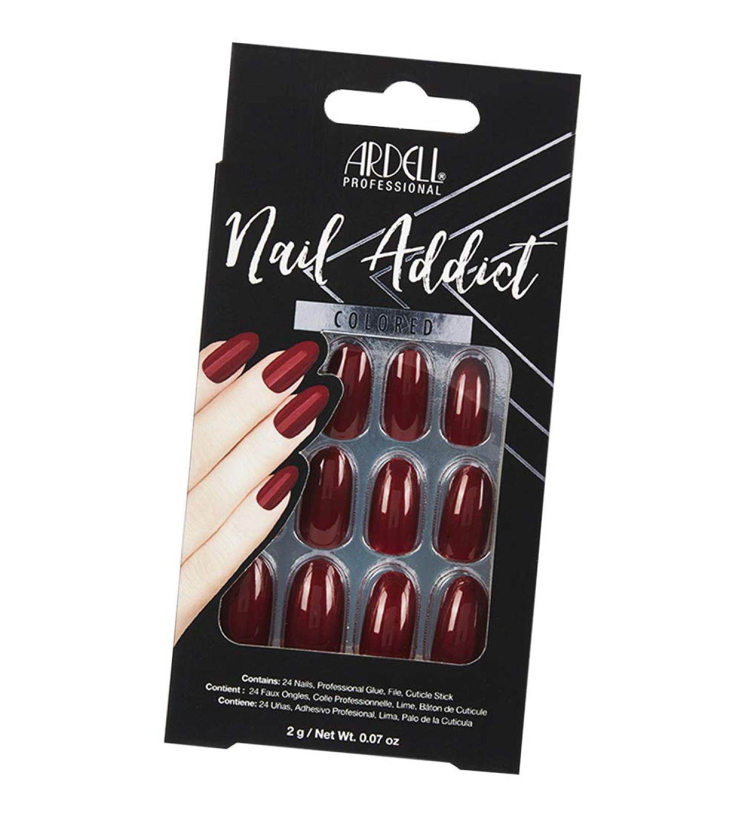 Ardell Nail Addict Artificial Nail Set, Sip of Wine 24-Pc, Medium, Almond-Shape, DIY Press-On Nails, Quick and Safe, with Glue, Cuticle Stick and Nail File