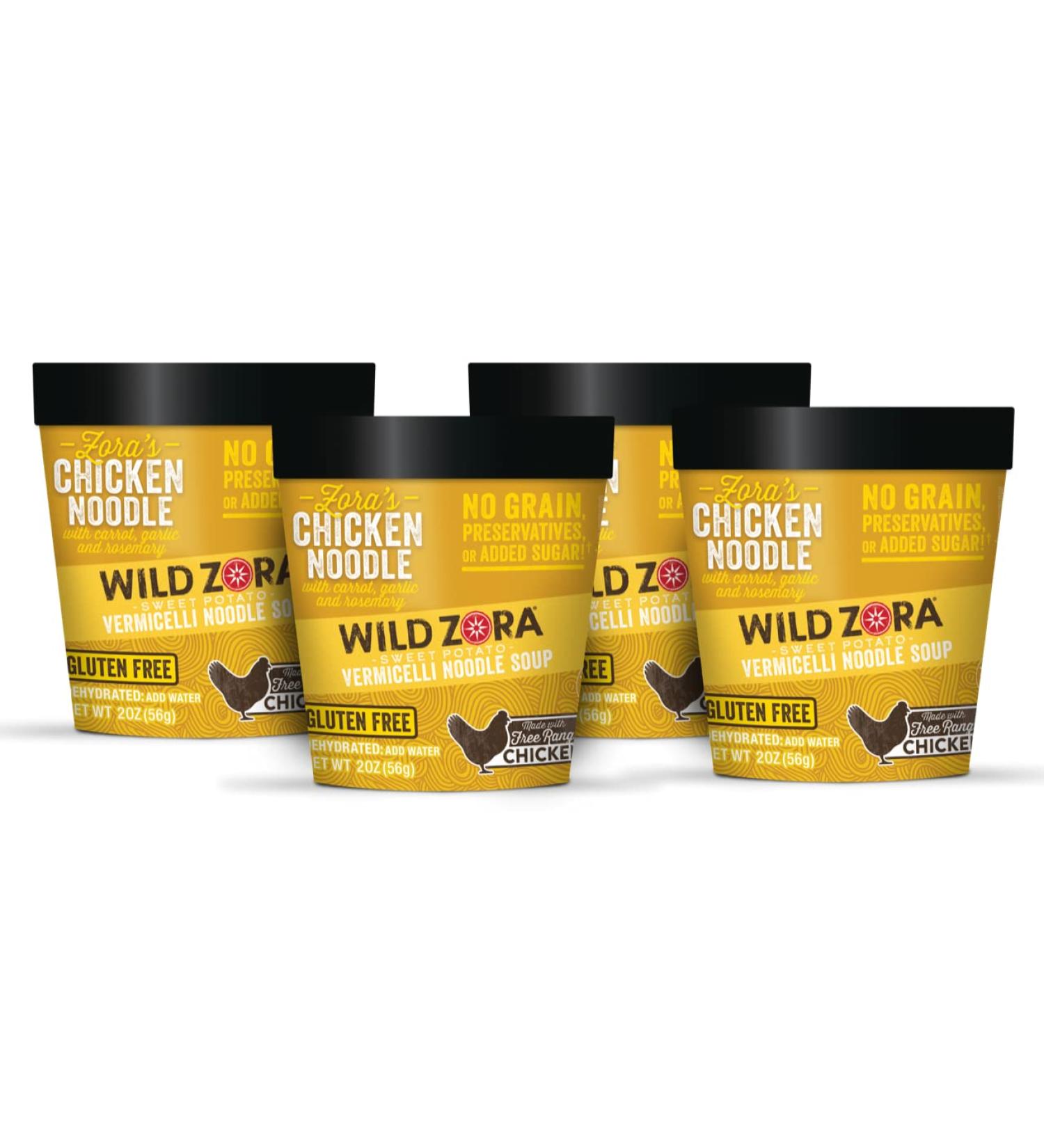 Wild Zora Vermicelli Noodle Soup - Gluten-Free Chicken Noodle Flavor - 4-Pack Instant Cup of Soup Snack w/ Sweet Potato Glass Noodles - Buy Online on SooperMarket.com