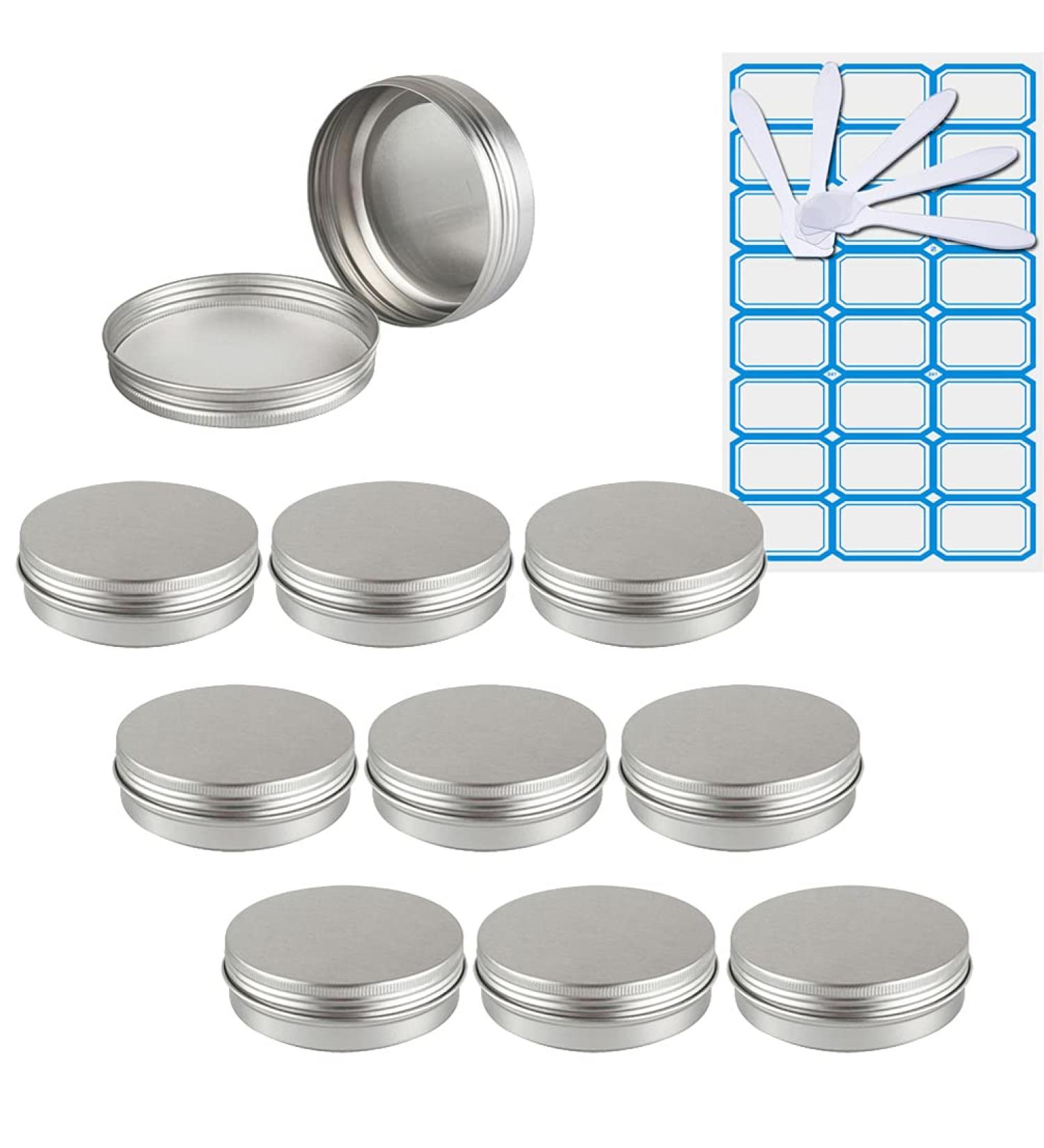 Zeoabsy 10-Piece 100ml Silver Aluminum Tins - Screw-Top Containers for Cosmetics Candles & Ointments | Includes 5 Spatulas & 1 Etiquette - Buy Online on SooperMarket.com