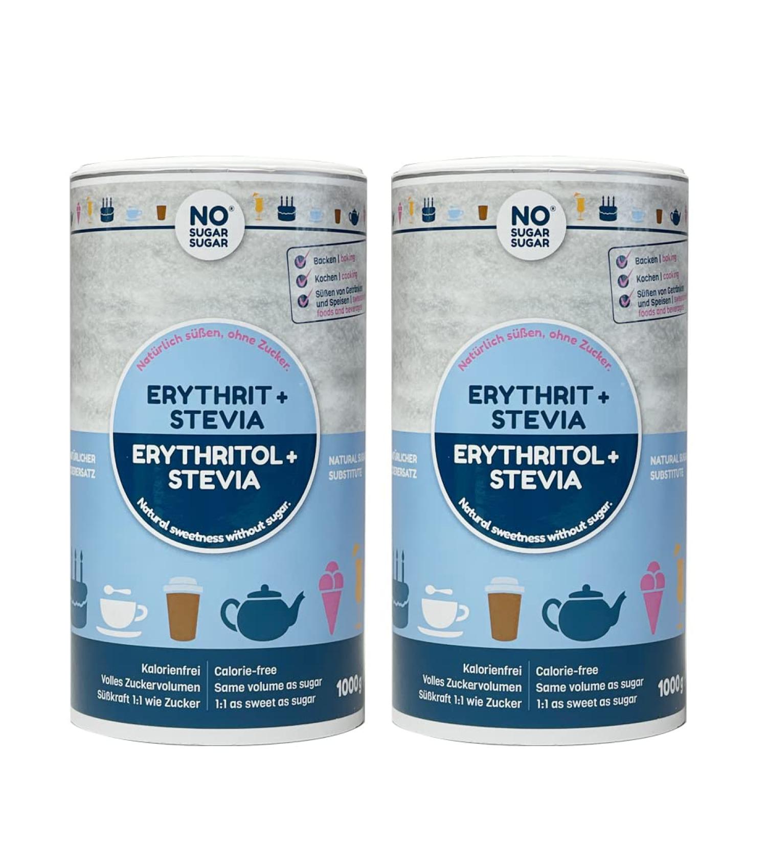 No Sugar Sugar Erythrit + Stevia - Healthy Zero-Calorie Sugar Substitute for Cooking & Baking (2x 1000g) | Natural Sweetener 1:1 Ratio No Aftertaste - Buy Online on SooperMarket.com