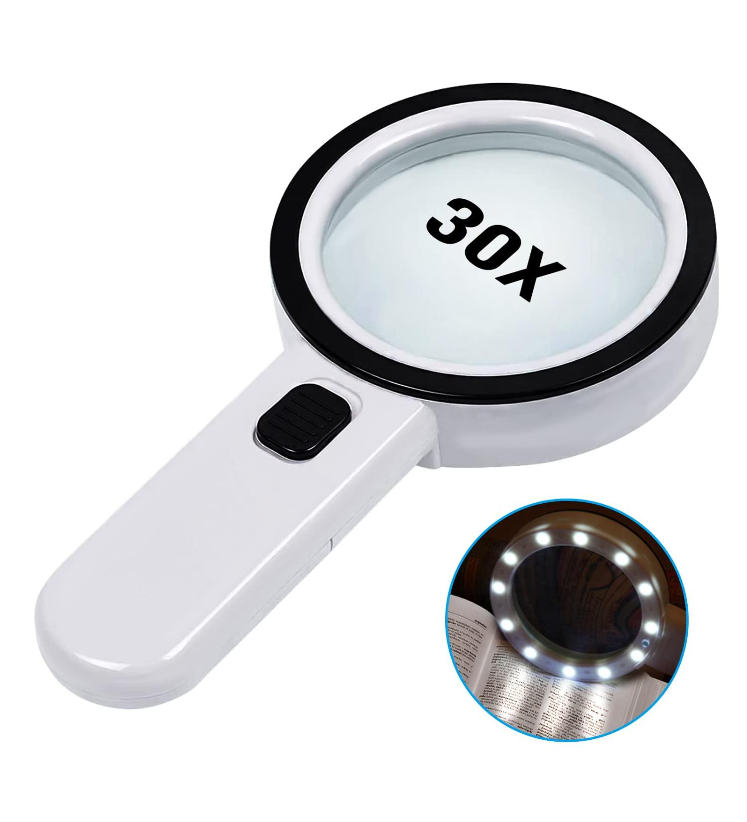 30X Handheld Magnifying Glass with Light - Ideal for Seniors, Reading, Coins, Stamps, Maps, Inspection - Illuminated Magnifier for Macular Degeneration - Buy Online on SooperMarket.com