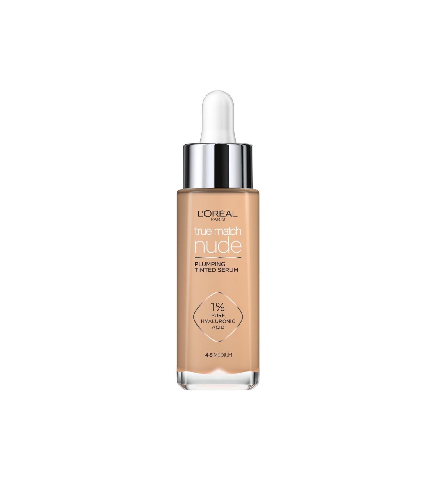 L'Oreal Paris True Match Tinted Serum Foundation 1% Hyaluronic Acid Hydrating Formula Replumps Skin in 1 Hour for a Natural Glowing Finish 30 ml Shade 4-5 Medium - Buy Online on SooperMarket.com