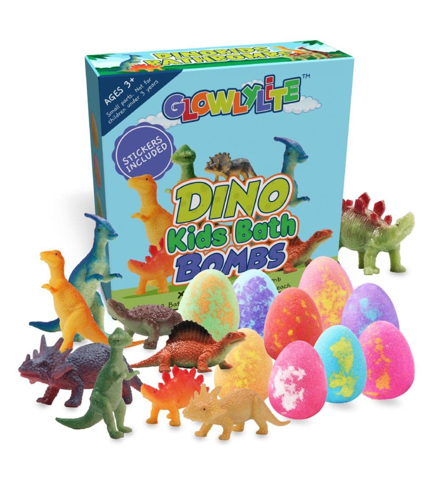 GLOWLYLITE - Colorful Dino Bath Bombs for Kids with Surprise Dinosaur Inside - Bubble Bath Gift with XL Toys and Stickers Included - Buy Online on SooperMarket.com
