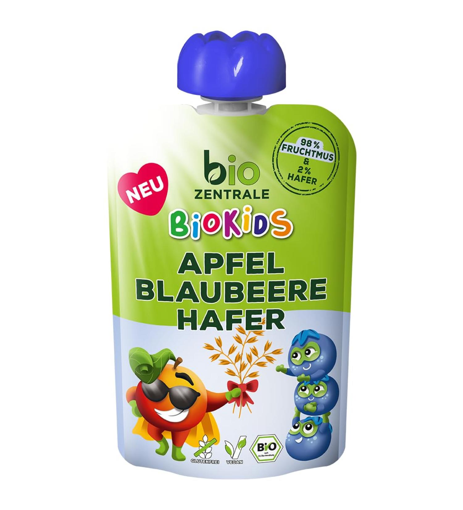 Buy biozentrale BioKids Fruit Puree Apple Blueberry Oat - 12x90g Vegan Snack | No Added Sugar | Healthy Kids Snack Online - Buy Online on SooperMarket.com