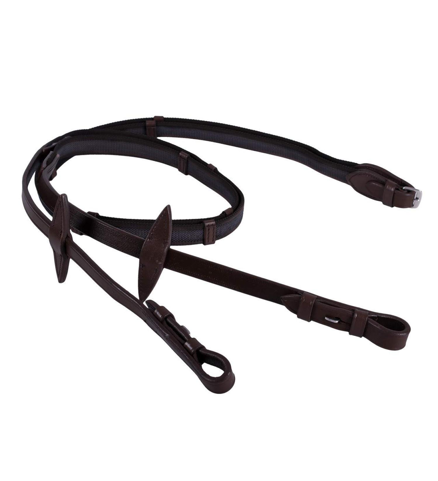 QHP anti-slip reins with leather straps dark brown pony