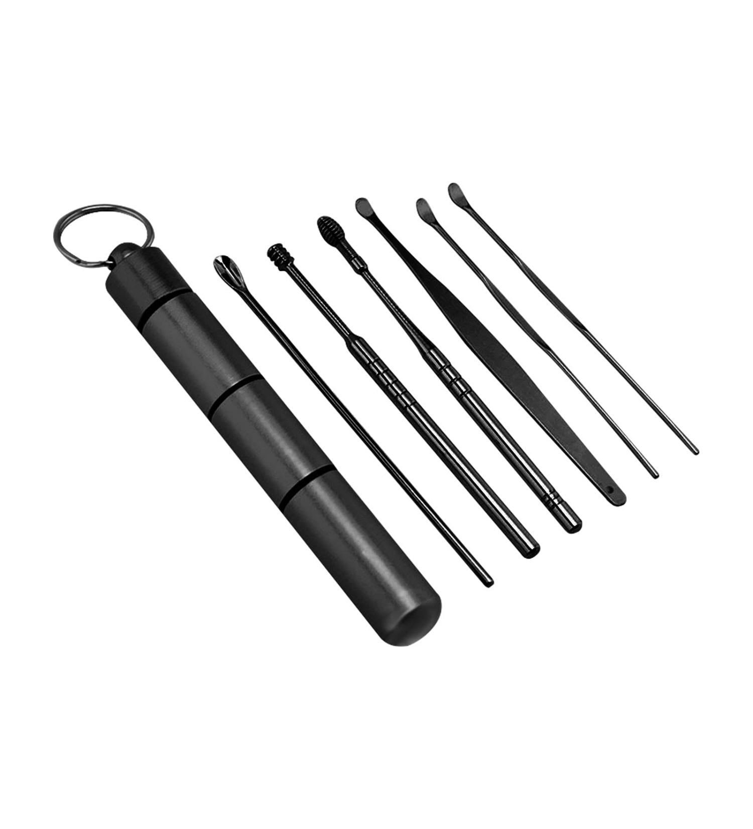 HEIMEABI Innovative Spring Earwax Cleaner Tool Set Earwax Removal Kit Ear Wax Removal 6-in-1 Ear Pick Tools Reusable Ear Cleaner Saline Piercing Wash (Black One Size) Black One Size