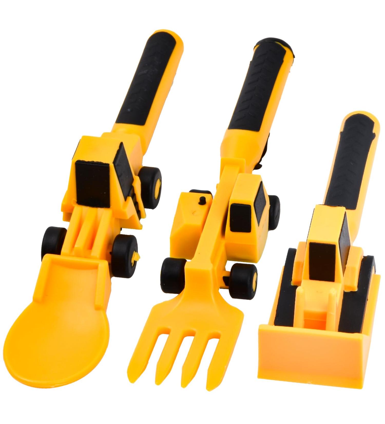Bezavea Kids Construction Themed Cutlery Set - 3Pcs Toddler Fork and Spoon Utensil Set in Yellow | Perfect Gift for Boys and Girls - Buy Online on SooperMarket.com