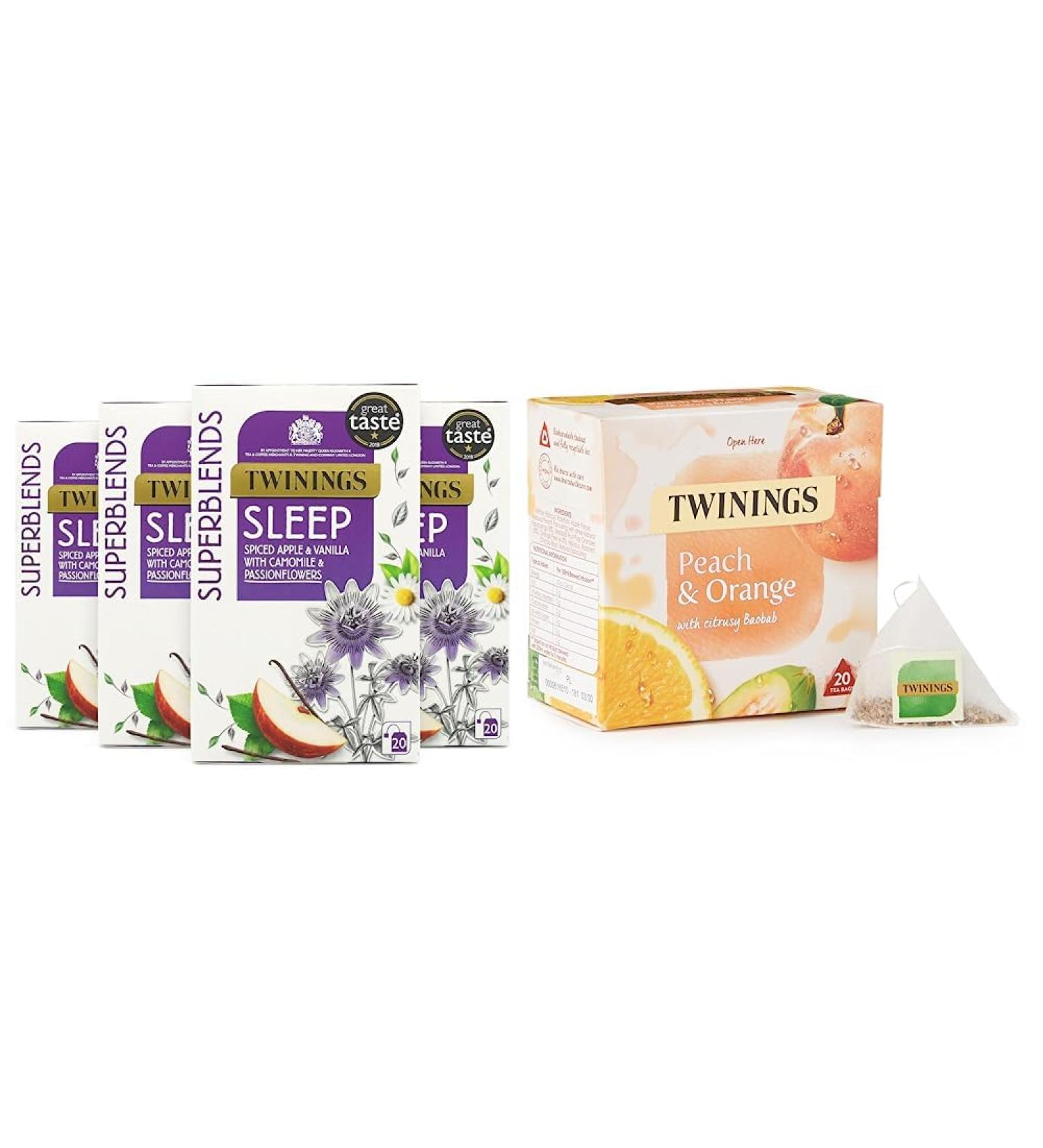 Twinings Superblends Sleep Tea with Spiced Apple Vanilla Camomile & Passionflowers 80 Teabags (Multipack of 4 x 20 Bags) & Peach & Orange Tea Bags 20 Count (Pack of 1) - Buy Online on SooperMarket.com