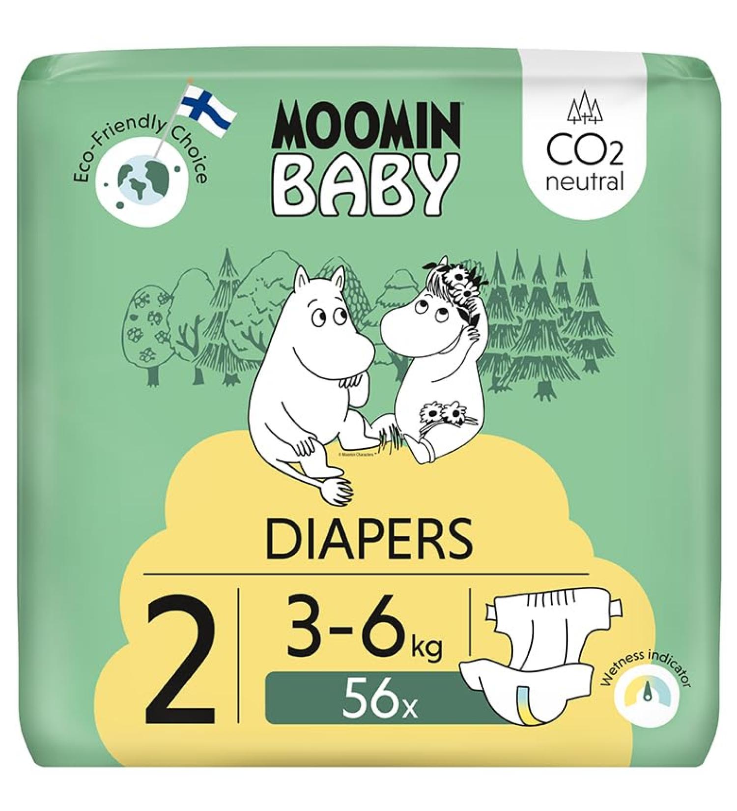 Moomin Baby Eco Diapers Size 2 (56 Pieces) - Soft Skin-Friendly Chemical-Free | Newborn Comfort (3-6 kg) - Buy Online on SooperMarket.com